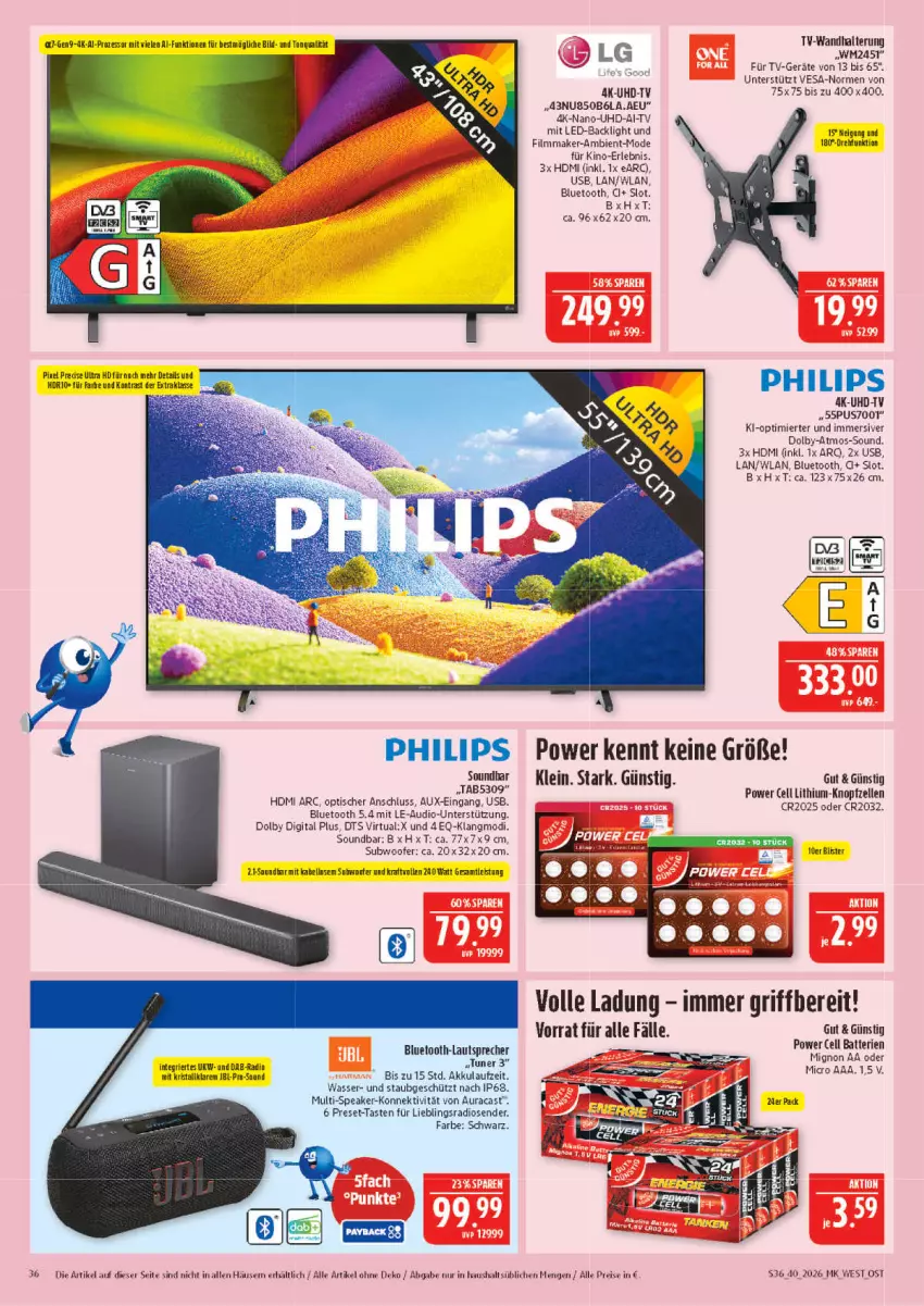 Aktueller Prospekt Marktkauf - Prospekt - von 27.09 bis 03.10.2026 - strona 36 - produkty: akku, batterie, batterien, bluetooth-lautsprecher, eis, elle, HDMI, jbl, kraft, lautsprecher, Mode, Philips, Radio, reis, soundbar, Subwoofer, Ti, tisch, tuner, uhd, UHD-TV, usb, wandhalterung, wasser, wolle