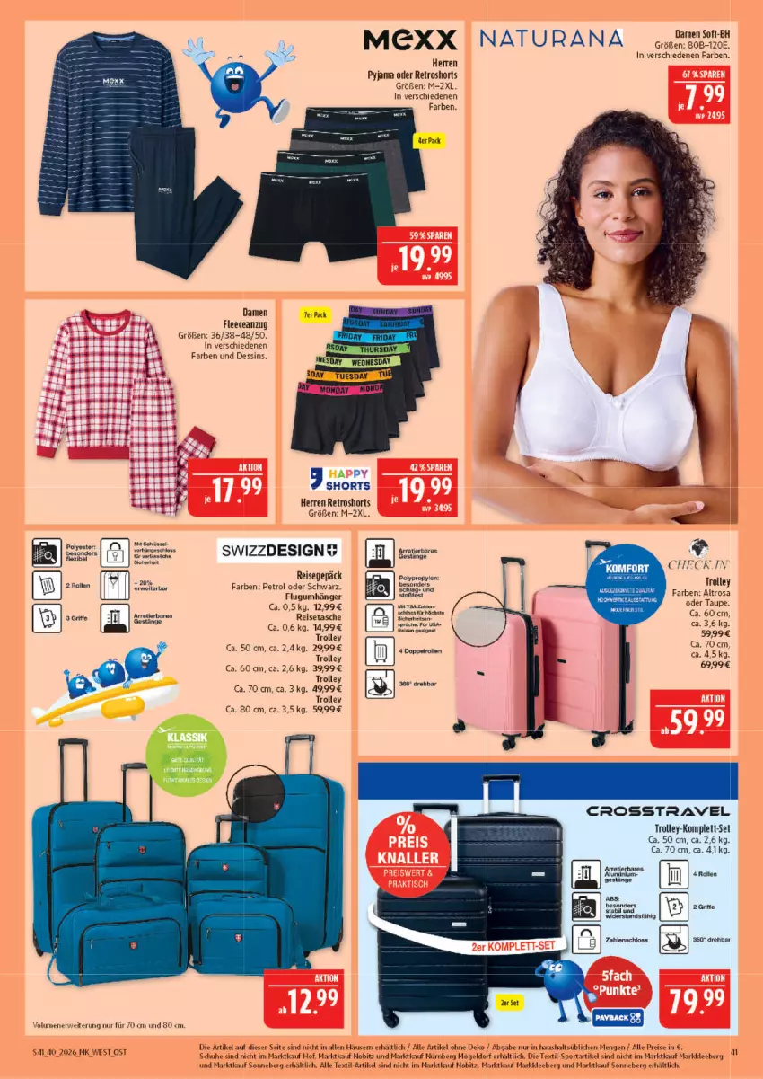 Aktueller Prospekt Marktkauf - Prospekt - von 27.09 bis 03.10.2026 - strona 41 - produkty: Anzug, eis, Mexx, natur, natura, naturana, Pyjama, Rana, reis, reisetasche, retroshorts, rwe, schuhe, shorts, Sport, Tasche, Ti, trolley