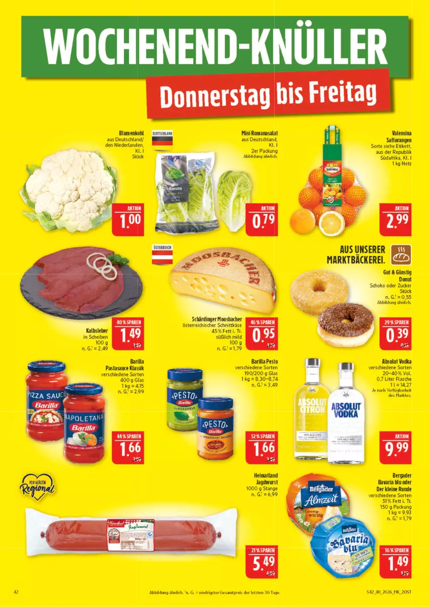 Aktueller Prospekt Marktkauf - Prospekt - von 27.09 bis 03.10.2026 - strona 42 - produkty: Absolut Vodka, barilla, bavaria blu, bergader, blume, blumen, blumenkohl, Donut, eis, erde, flasche, jagdwurst, leine, orange, orangen, pasta, pesto, reis, Ria, Romanasalat, saft, Saftorangen, salat, sauce, Ti, vodka, wurst, ZTE, zucker