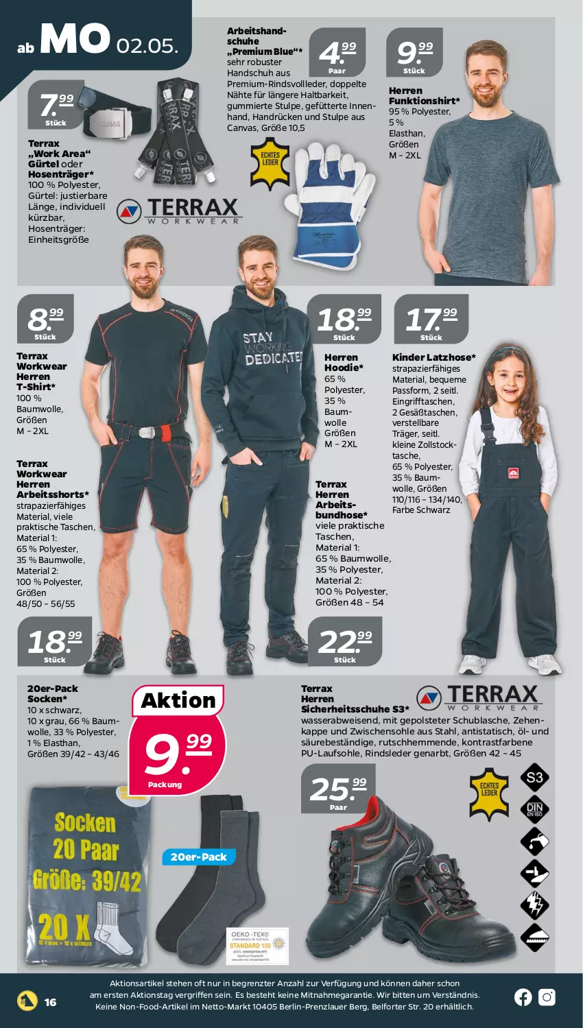 Aktueller Prospekt Netto - Angebote ab Montag - von 02.05 bis 07.05.2022 - strona 16 - produkty: auer, Bau, baumwolle, eis, handschuhe, hose, hosen, Kinder, Latzhose, leine, Ria, rind, schuhe, shirt, shorts, socken, Stier, T-Shirt, Tasche, taschen, Ti, tisch, wasser, wolle, ZTE