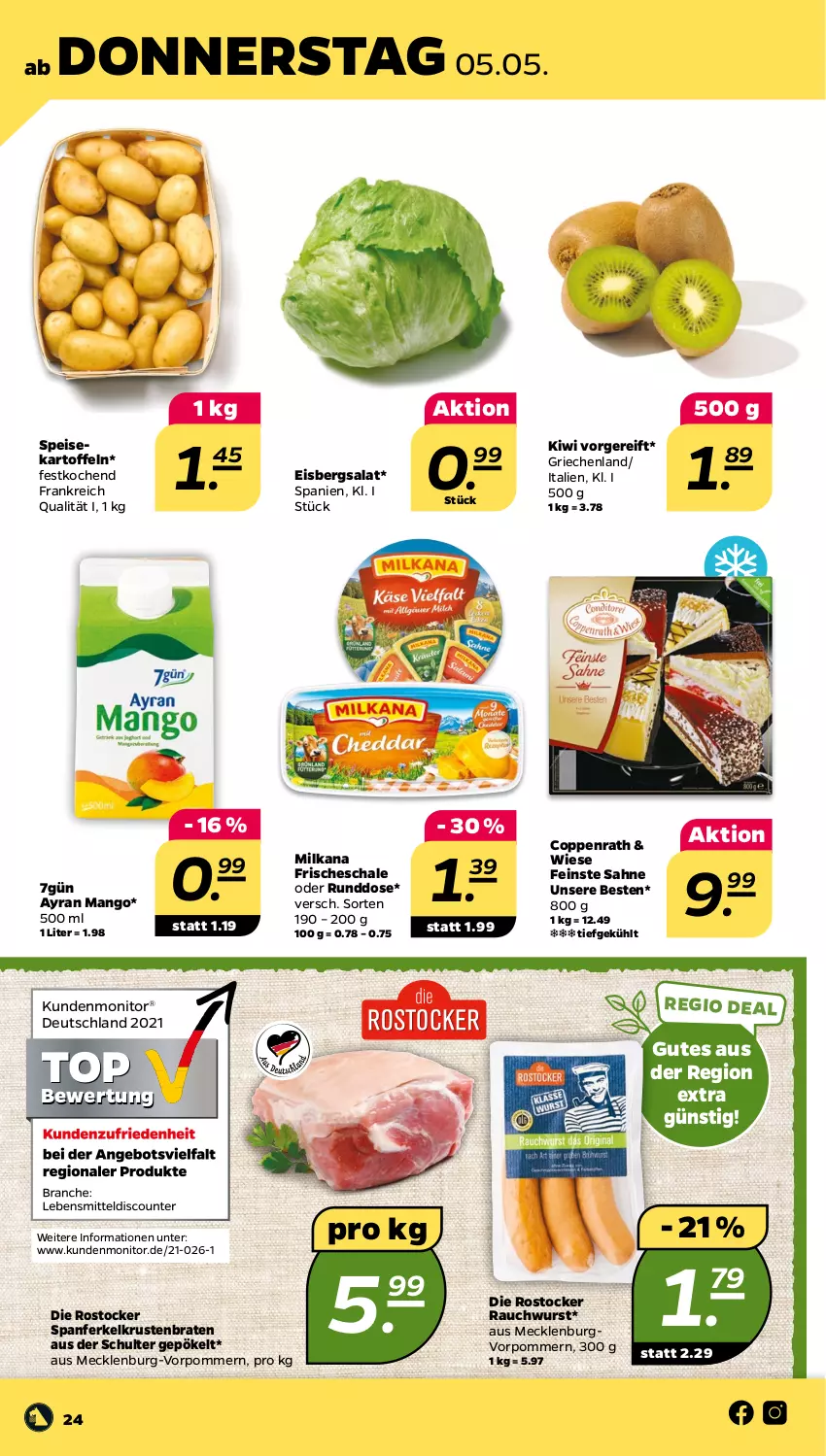 Aktueller Prospekt Netto - Angebote ab Montag - von 02.05 bis 07.05.2022 - strona 24 - produkty: Ayran, braten, coppenrath, eis, eisbergsalat, kartoffel, kartoffeln, kiwi, krustenbraten, mango, milka, milkana, monitor, Rauch, Rostocker, sahne, salat, Schal, Schale, speisekartoffeln, Ti, wurst