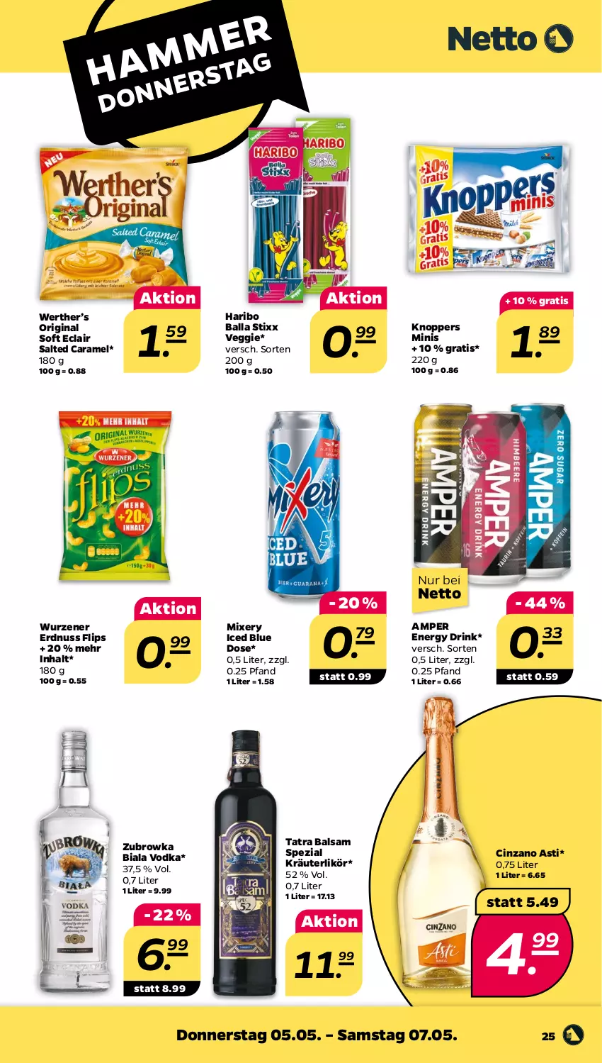 Aktueller Prospekt Netto - Angebote ab Montag - von 02.05 bis 07.05.2022 - strona 25 - produkty: asti, ball, balsam, caramel, cin, cinzano, Cinzano Asti, drink, energy drink, erdnuss, gin, haribo, knoppers, kräuter, kräuterlikör, likör, Mixer, mixery, nuss, Spezi, Ti, veggie, vodka