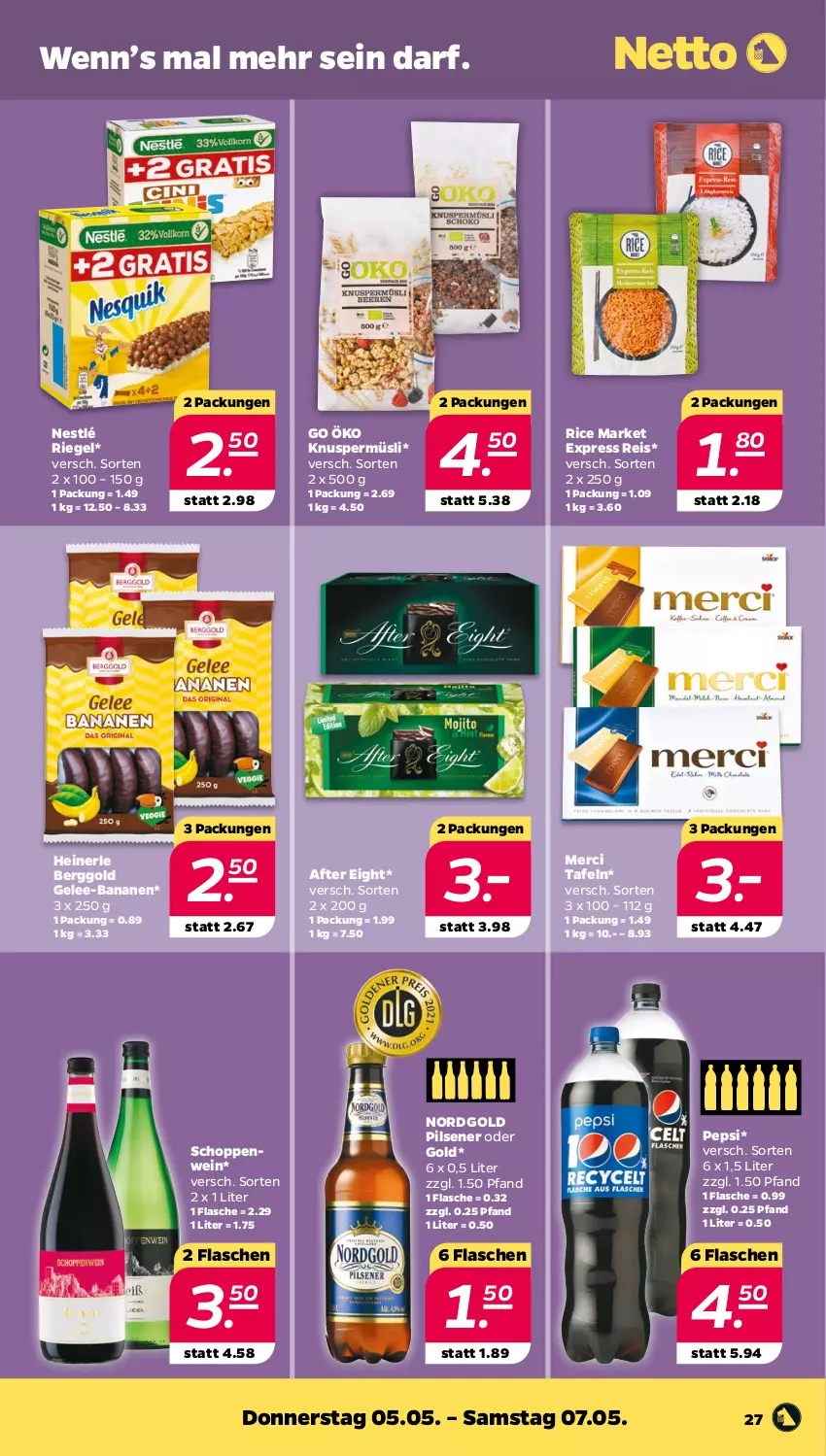 Aktueller Prospekt Netto - Angebote ab Montag - von 02.05 bis 07.05.2022 - strona 27 - produkty: after eight, banane, bananen, eis, flasche, gelee, Knuspermüsli, merci, müsli, nestlé, pepsi, pils, pilsener, reis, riegel, wein