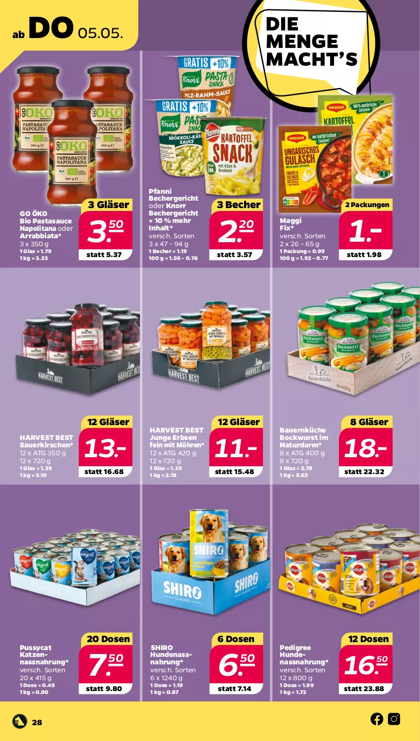 Aktueller Prospekt Netto - Angebote ab Montag - von 02.05 bis 07.05.2022 - strona 28 - produkty: arrabbiata, auer, Bau, Bauer, Becher, bio, bockwurst, erbsen, Gläser, junge erbsen, kirsch, kirsche, kirschen, knorr, küche, maggi, maggi fix, möhren, Nassnahrung, natur, pasta, pedigree, pfanni, sauce, sauerkirschen, wurst