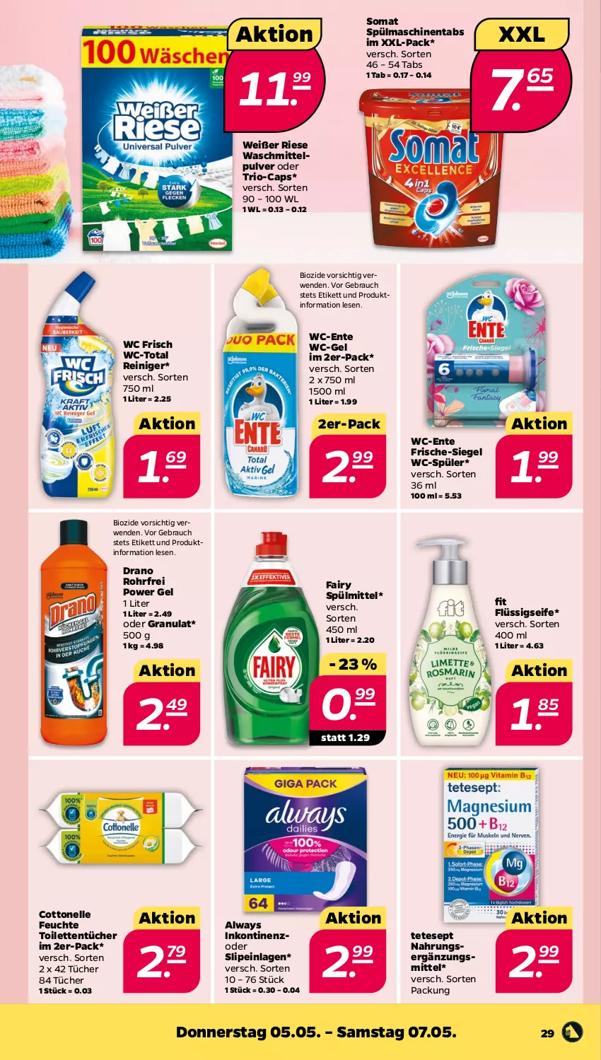 Aktueller Prospekt Netto - Angebote ab Montag - von 02.05 bis 07.05.2022 - strona 29 - produkty: Alwa, Always, bio, Cap, cottonelle, elle, ente, fairy, flüssigseife, Rauch, reiniger, rwe, Seife, slip, slipeinlagen, somat, spülmaschinen, spülmaschinentabs, spülmittel, Ti, toilettentücher, tücher, waschmittel, wc frisch, wc-gel