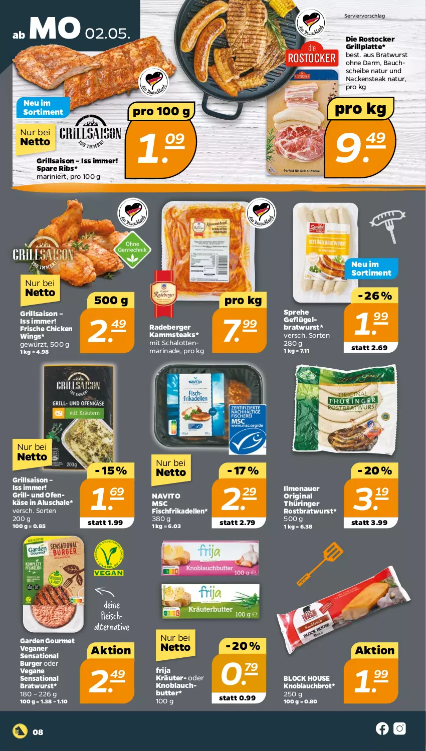 Aktueller Prospekt Netto - Angebote ab Montag - von 02.05 bis 07.05.2022 - strona 8 - produkty: auer, Bau, Berger, bratwurst, brot, burger, butter, chicken wings, dell, eis, elle, fisch, fleisch, Fleischalternative, frikadellen, garden gourmet, Geflügel, gewürz, gin, grill, grillplatte, Käse, knoblauch, Knoblauchbutter, kräuter, latte, marinade, Nackensteak, natur, Ofen, Ofenkäse, original thüringer, radeberger, ring, rostbratwurst, Rostocker, Schal, Schale, Schalotte, spare ribs, steak, steaks, thüringer rostbratwurst, Ti, wurst