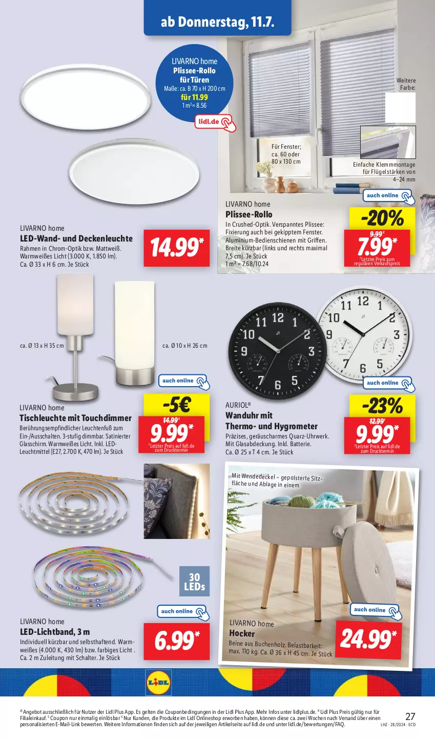 Aktueller Prospekt Lidl - Aktionsprospekt - von 08.07 bis 13.07.2024 - strona 35 - produkty: angebot, batterie, Brei, buch, coupon, decke, Deckel, deckenleuchte, dimmer, eis, fenster, Grom, hocker, Holz, Hygrometer, led-licht, leds, Leuchte, leuchten, leuchtmittel, Persona, reis, rwe, Schal, Ti, tisch, tischleuchte, uhr, wanduhr, ZTE