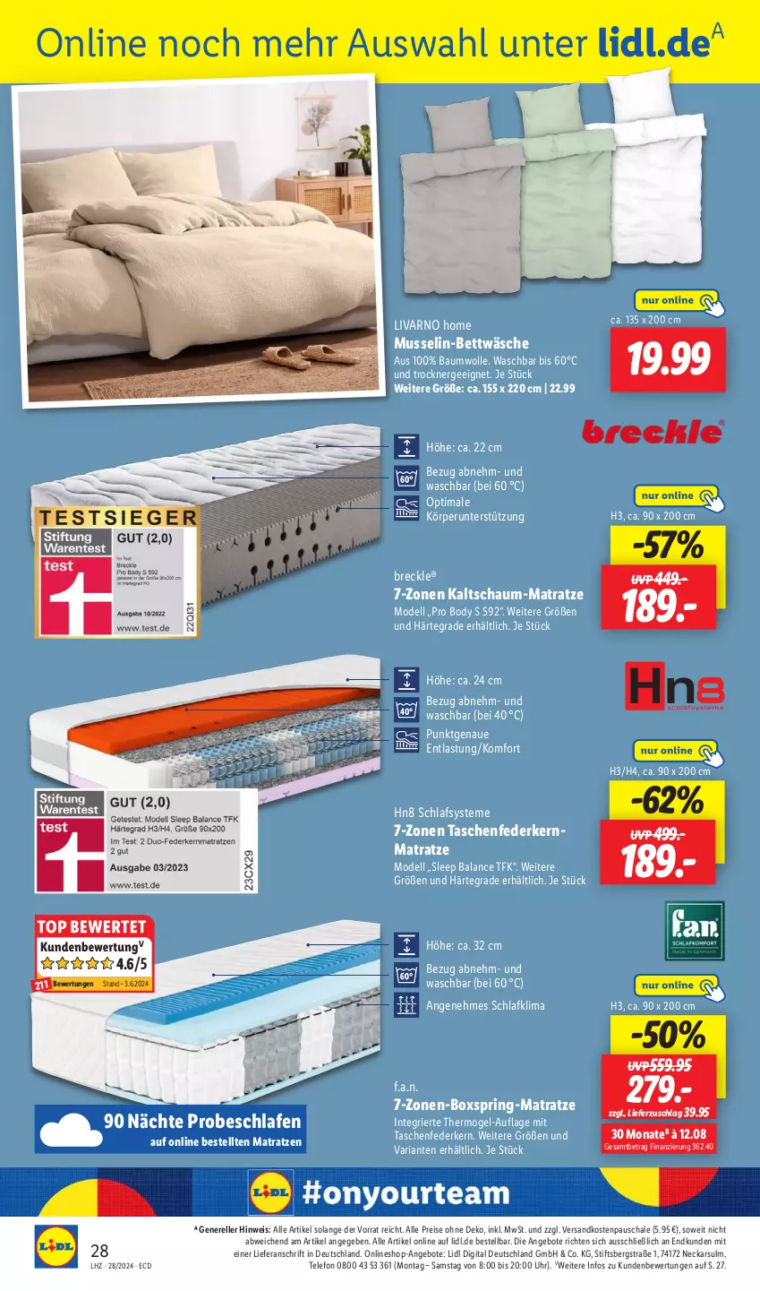 Aktueller Prospekt Lidl - Aktionsprospekt - von 08.07 bis 13.07.2024 - strona 36 - produkty: angebot, angebote, Bau, baumwolle, bett, bettwäsche, body, dell, eis, elle, Ergee, federkern, federkernmatratze, kaltschaum-matratze, kernmatratze, matratze, matratzen, Mode, ndk, reis, rel, Ria, ring, Schal, Schale, Tasche, taschen, taschenfederkernmatratze, telefon, Ti, Trockner, uhr, wolle