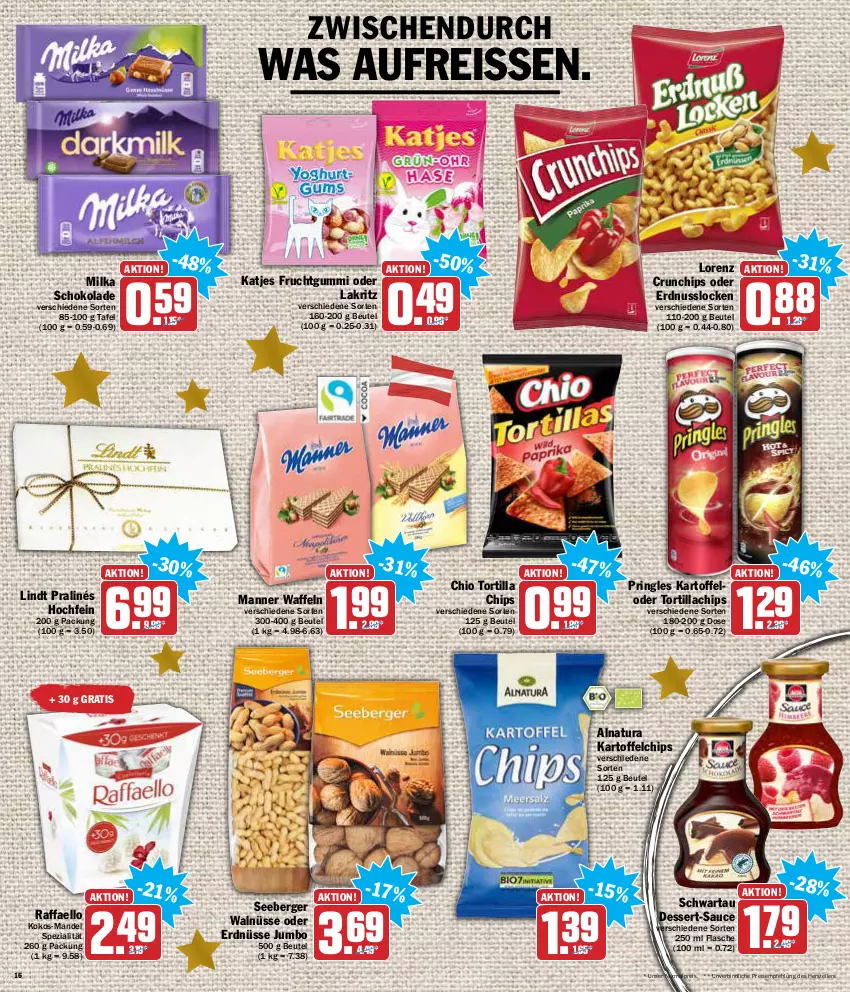 Aktueller Prospekt Aez - Prospekte - von 20.12 bis 24.12.2021 - strona 16 - produkty: Berger, beutel, chips, crunchips, dessert, eis, elle, erdnuss, erdnüsse, flasche, frucht, fruchtgummi, jumbo, kartoffel, kartoffelchips, katjes, kokos, Lakritz, lindt, lorenz, mandel, Manner, milka, milka schokolade, natur, natura, nuss, oder lakritz, pringles, raffaello, reis, reiss, ring, sauce, schoko, schokolade, Schwartau, seeberger, Spezi, teller, Ti, tortilla, Tortilla Chips, waffeln