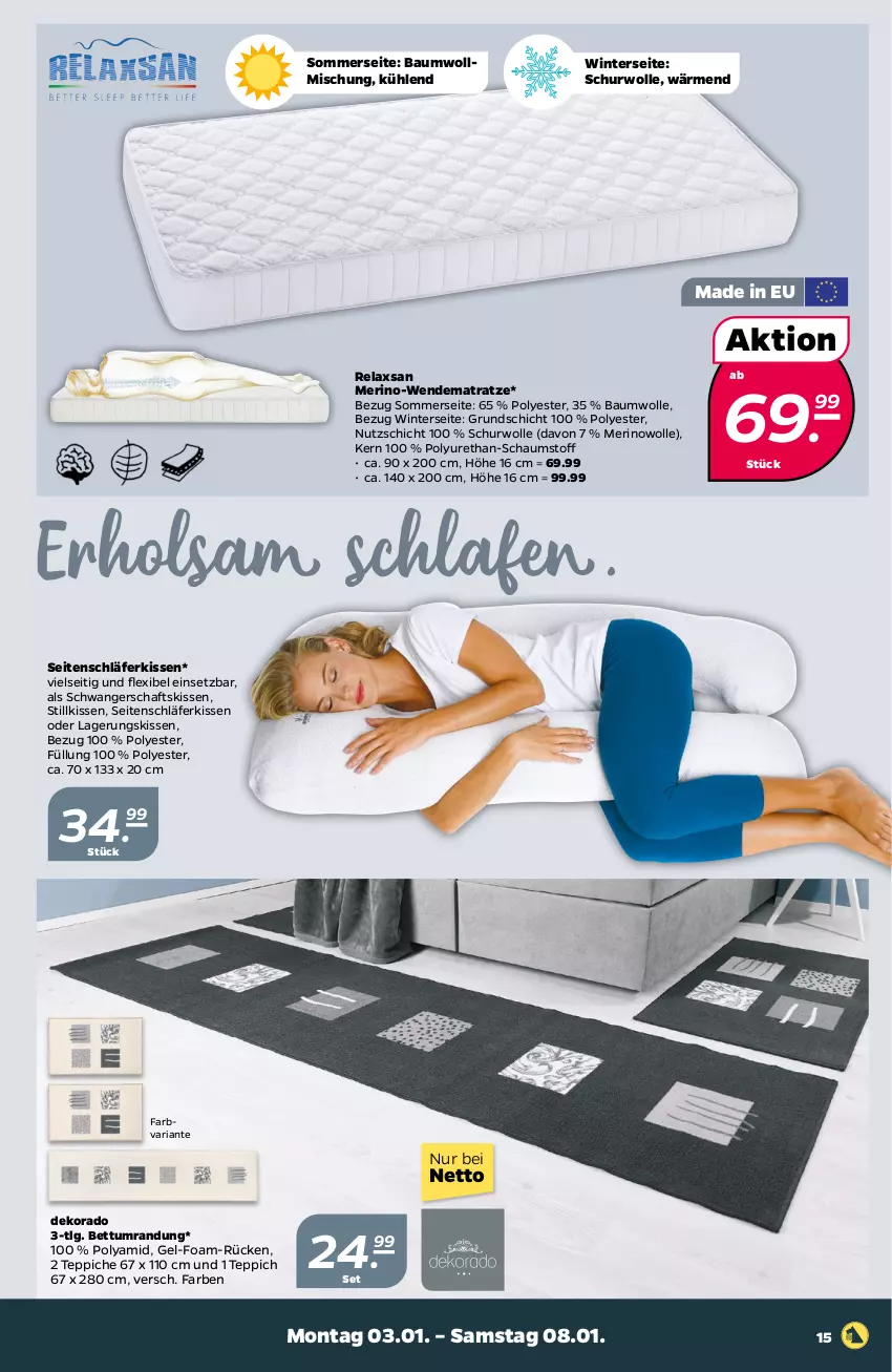 Aktueller Prospekt Netto - Angebote ab Montag - von 03.01 bis 08.01.2022 - strona 17 - produkty: Bau, baumwolle, baumwollmischung, bett, kissen, LG, matratze, rel, Ria, teppich, teppiche, Ti, wendematratze, wolle