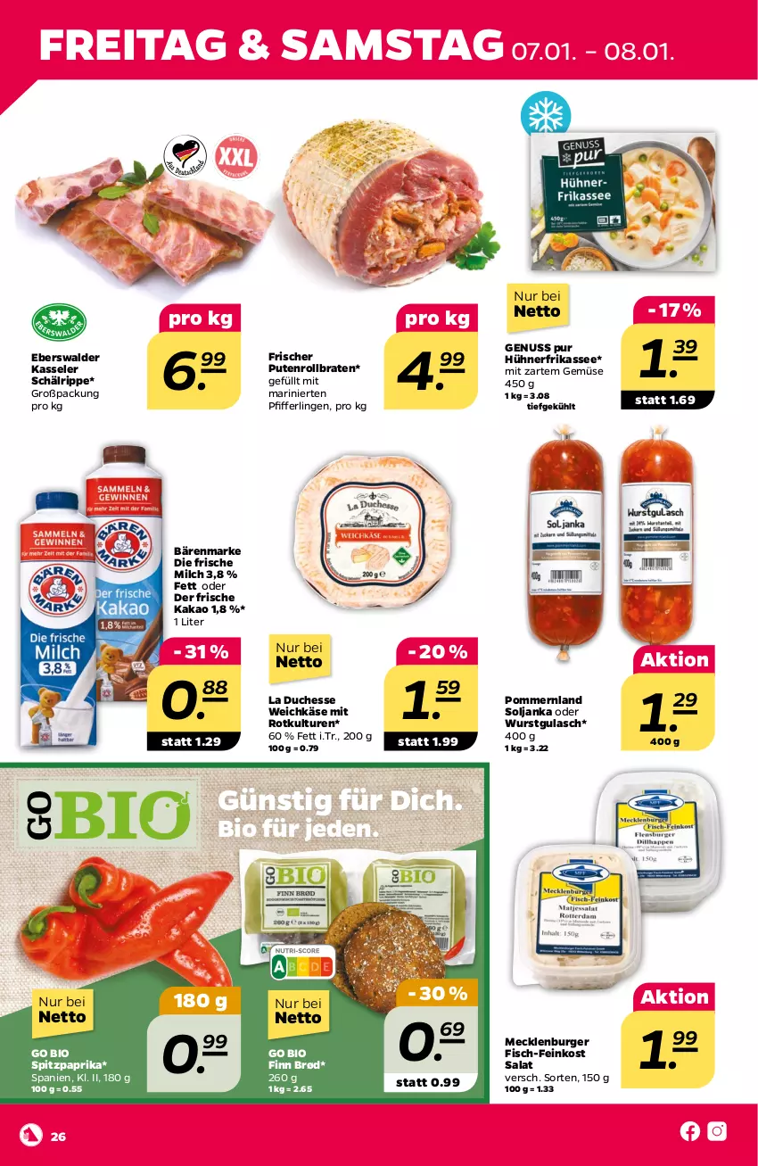 Aktueller Prospekt Netto - Angebote ab Montag - von 03.01 bis 08.01.2022 - strona 28 - produkty: bärenmarke, bio, braten, burger, feinkost, fisch, frische milch, gulasch, hühner, kakao, Käse, kasseler, milch, nerf, nuss, paprika, Pfifferlinge, pute, Putenrollbraten, rollbraten, salat, Spitzpaprika, Ti, weichkäse, wurst