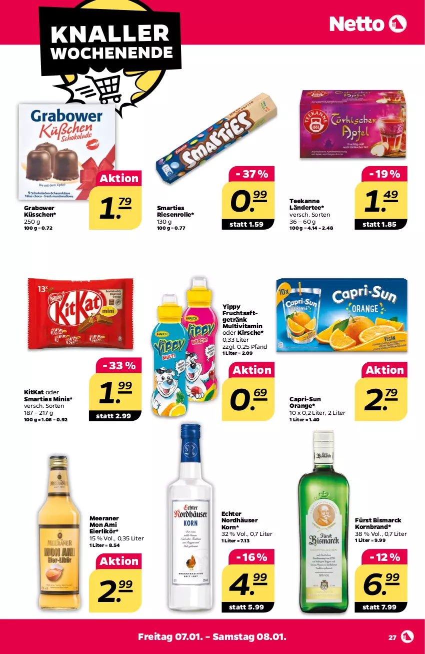 Aktueller Prospekt Netto - Angebote ab Montag - von 03.01 bis 08.01.2022 - strona 29 - produkty: bismarck, Cap, capri-sun, eier, eierlikör, frucht, fruchtsaft, getränk, kirsch, kirsche, kitkat, korn, Ländertee, likör, orange, saft, smarties, tee, teekanne, Ti, vita