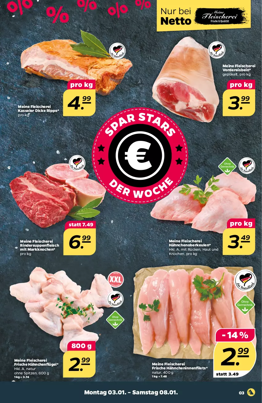 Aktueller Prospekt Netto - Angebote ab Montag - von 03.01 bis 08.01.2022 - strona 5 - produkty: eis, filet, filets, fleisch, Fleischerei, Frische Hähnchen, hähnchenflügel, kasseler, natur, reis, rind, rinder, Schere, suppe, suppen, suppenfleisch