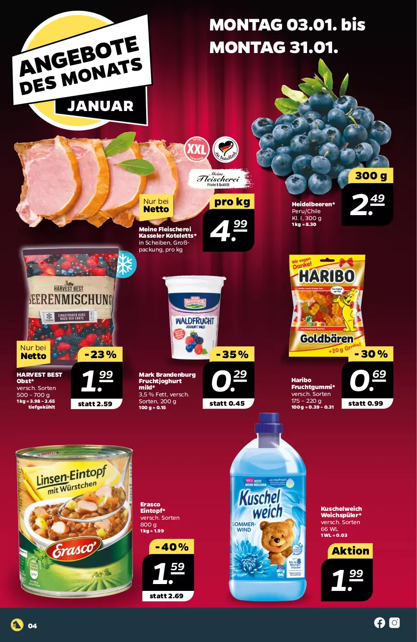 Aktueller Prospekt Netto - Angebote ab Montag - von 03.01 bis 08.01.2022 - strona 6 - produkty: beere, beeren, eintopf, eis, erasco, fleisch, Fleischerei, frucht, fruchtgummi, fruchtjoghurt, haribo, heidelbeere, heidelbeeren, joghur, joghurt, joghurt mild, kasseler, kotelett, Kuschelweich, obst, Schere, Ti, topf, weichspüler