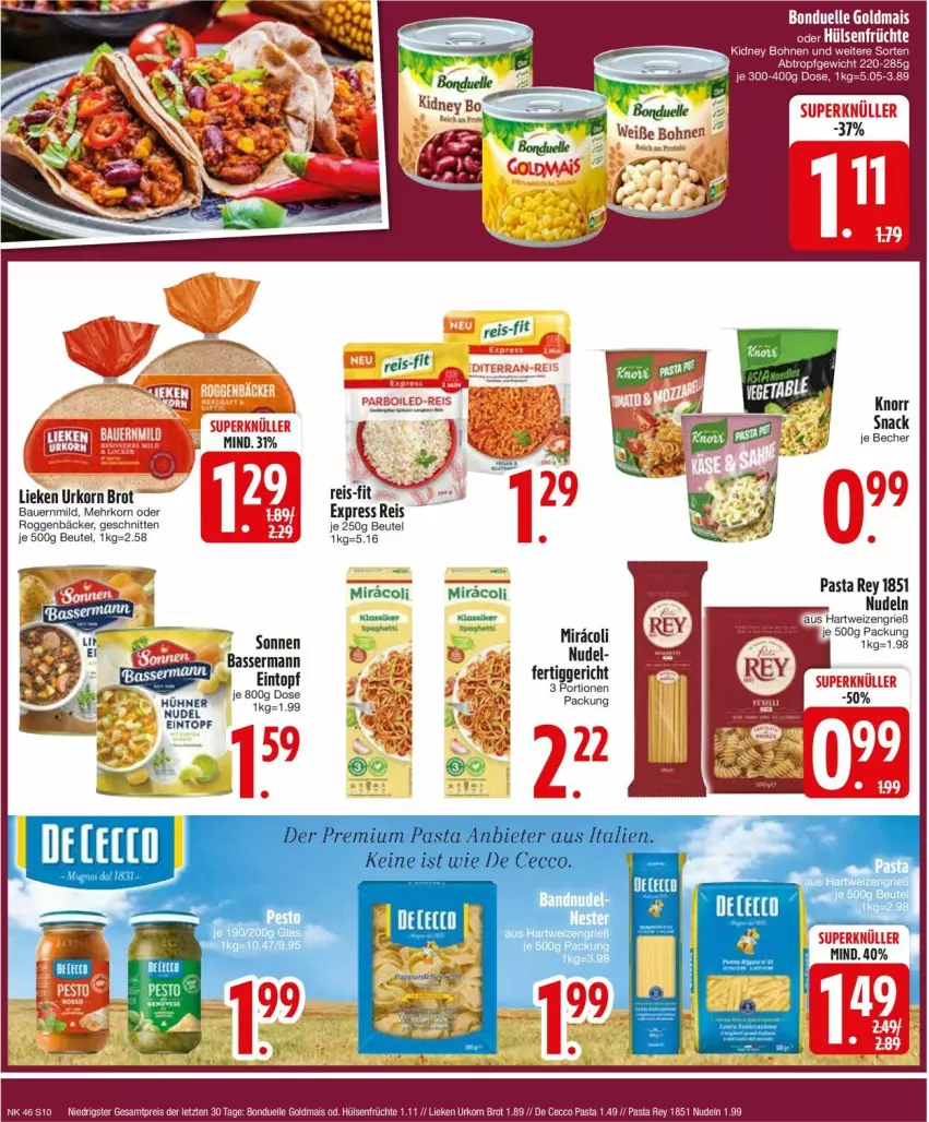 Aktueller Prospekt Edeka - Prospekte - von 11.11 bis 16.11.2024 - strona 12 - produkty: auer, Bau, Bauer, Becher, bett, beutel, bohne, bohnen, brot, De Cecco, ecco, eintopf, eis, elle, fertiggericht, kidney, knorr, korn, lieken, nudel, pasta, reis, reis-fit, schnitten, snack, Ti, topf, urkorn