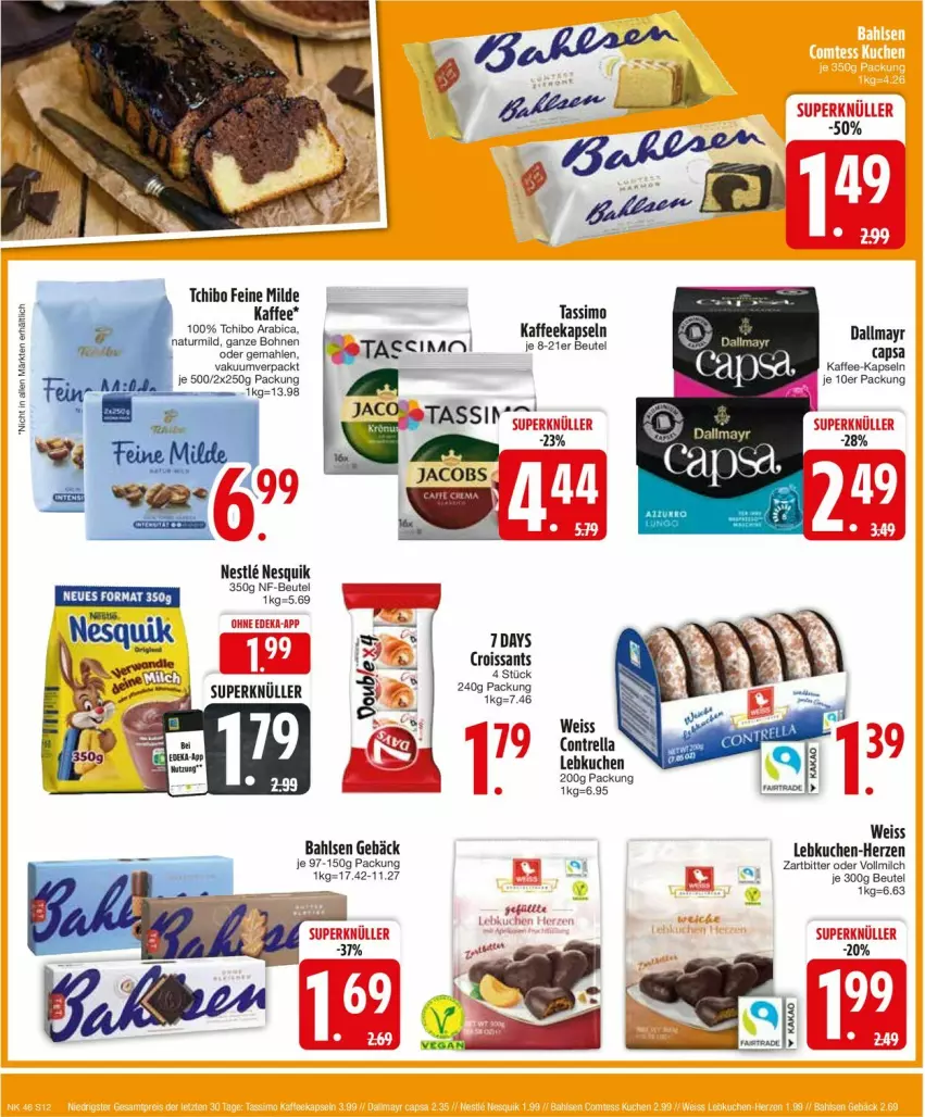 Aktueller Prospekt Edeka - Prospekte - von 11.11 bis 16.11.2024 - strona 14 - produkty: bahlsen, beutel, bohne, bohnen, Cap, Croissant, croissants, dallmayr, eis, kaffee, kaffee-kapseln, kaffeekapseln, kuchen, Lebkuchen, mam, mehl, milch, natur, nesquik, rel, sim, tassimo, Tchibo, vollmilch