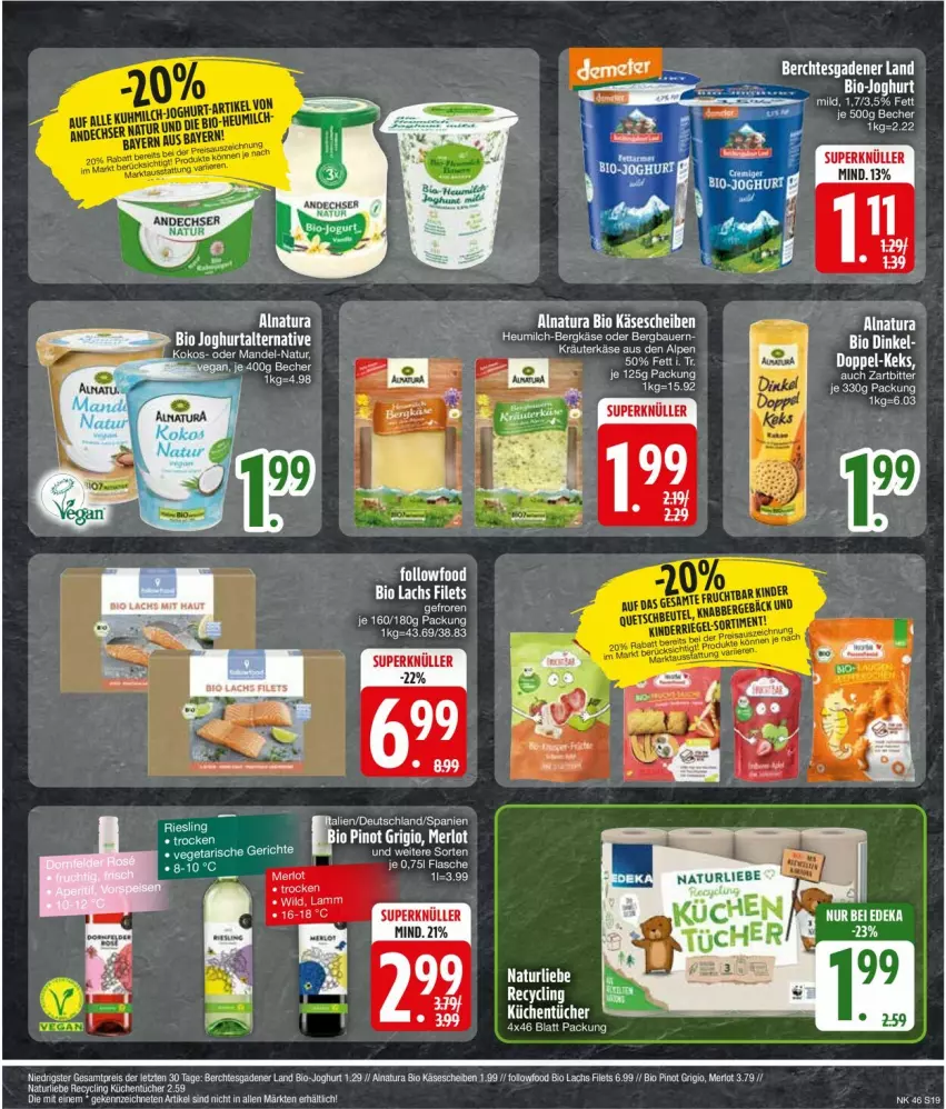 Aktueller Prospekt Edeka - Prospekte - von 11.11 bis 16.11.2024 - strona 21 - produkty: auer, Bau, Bauer, Bergkäse, bio, bio-joghurt, Clin, eis, filet, filets, flasche, Heu, heumilch, joghur, joghurt, Käse, käsescheiben, kräuter, lachs, LG, merl, merlot, milch, natur, natura, Pinot, pinot grigio, reis, riesling, Ti, ZTE