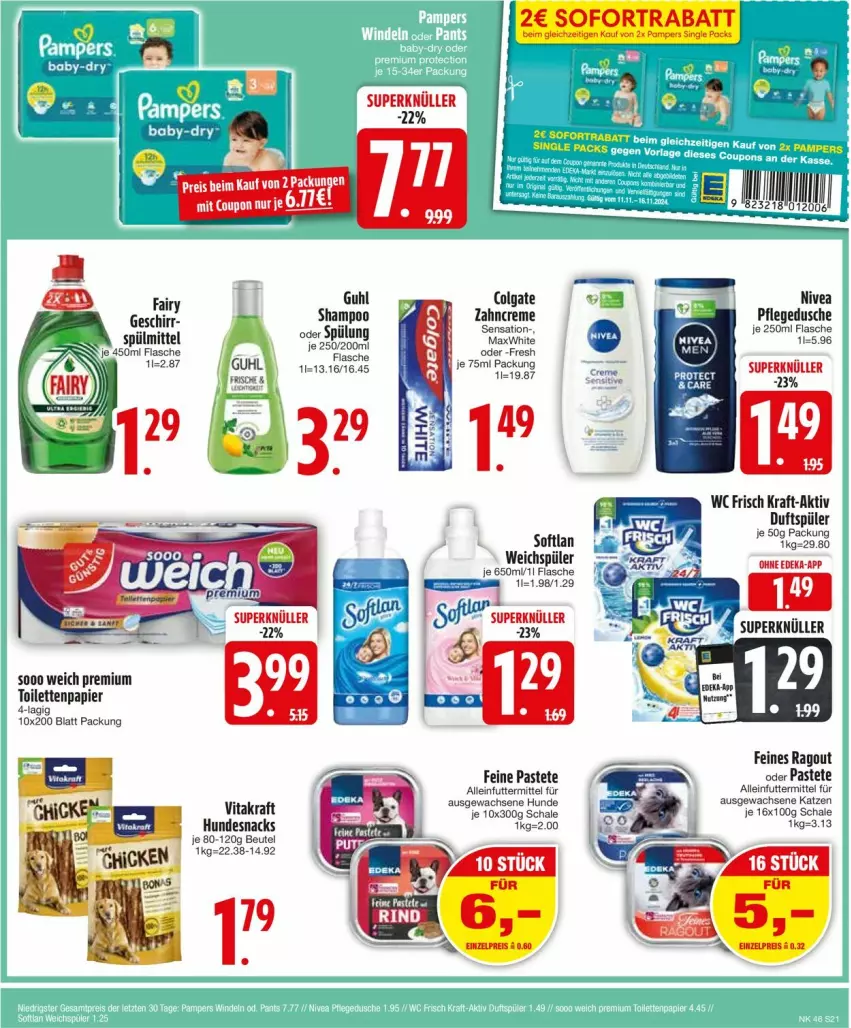 Aktueller Prospekt Edeka - Prospekte - von 11.11 bis 16.11.2024 - strona 23 - produkty: alleinfuttermittel, beutel, colgate, creme, dusche, elle, fairy, flasche, geschirr, Guhl, hundesnack, hundesnacks, kraft, LG, nivea, papier, pastete, pflegedusche, Ragout, Schal, Schale, shampoo, snack, snacks, Softlan, spülung, Ti, toilettenpapier, vita, vitakraft, wc frisch, weichspüler, zahncreme