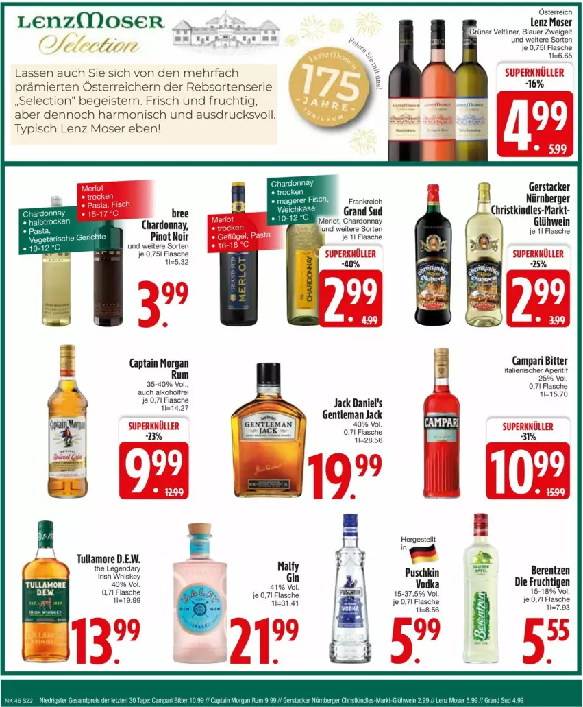 Aktueller Prospekt Edeka - Prospekte - von 11.11 bis 16.11.2024 - strona 24 - produkty: alkohol, aperitif, auer, berentzen, Berger, blauer zweigelt, bree, campari, Cap, captain morgan, chardonnay, eis, flasche, frucht, gin, Glühwein, grand sud, grüner veltliner, irish whiskey, jack daniel, jack daniel's, Kindle, Lenz Moser, merl, merlot, moser, nürnberger, Pinot, pinot noir, rum, Ti, tullamore, vodka, wein, whiskey, Zweigelt