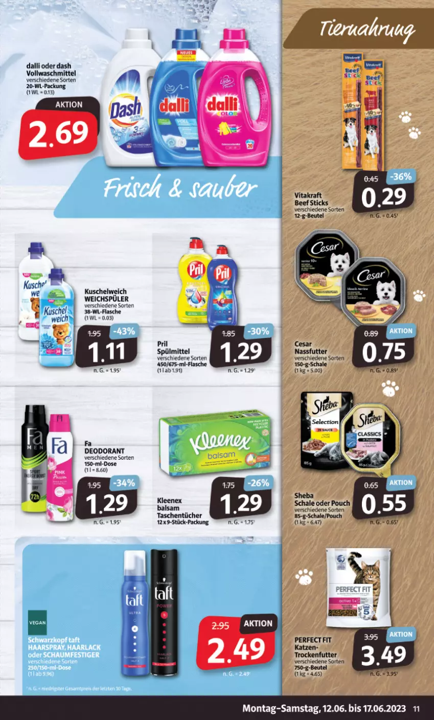 Aktueller Prospekt Markant - Prospekte - von 12.06 bis 17.06.2023 - strona 11 - produkty: balsam, beutel, dalli, deo, deodorant, flasche, Kuschelweich, Perfect Fit, pril, Schal, Schale, sheba, spülmittel, Tasche, taschen, taschentücher, Ti, trockenfutter, tücher, vollwaschmittel, waschmittel, weichspüler