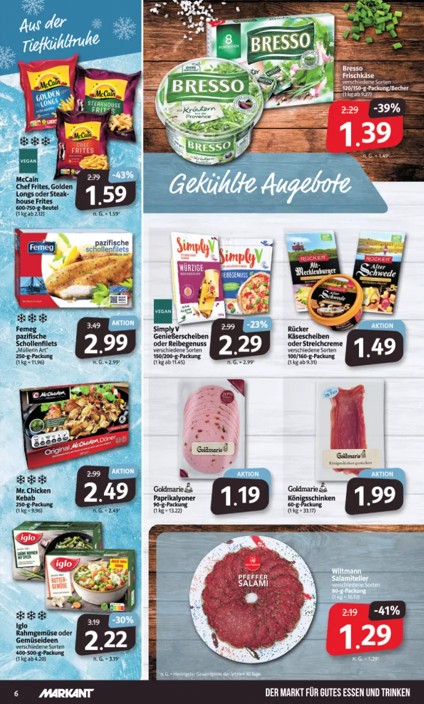 Aktueller Prospekt Markant - Prospekte - von 12.06 bis 17.06.2023 - strona 6 - produkty: beutel, creme, femeg, filet, filets, fisch, fische, frischkäse, Golden Longs, goldmarie, gutes essen, iglo, Käse, käsescheiben, lyoner, mccain, Müller, müllerin art, nuss, paprika, Rahmgemüse, schinken, scholl, Schollenfilets, sim, steak, Yo