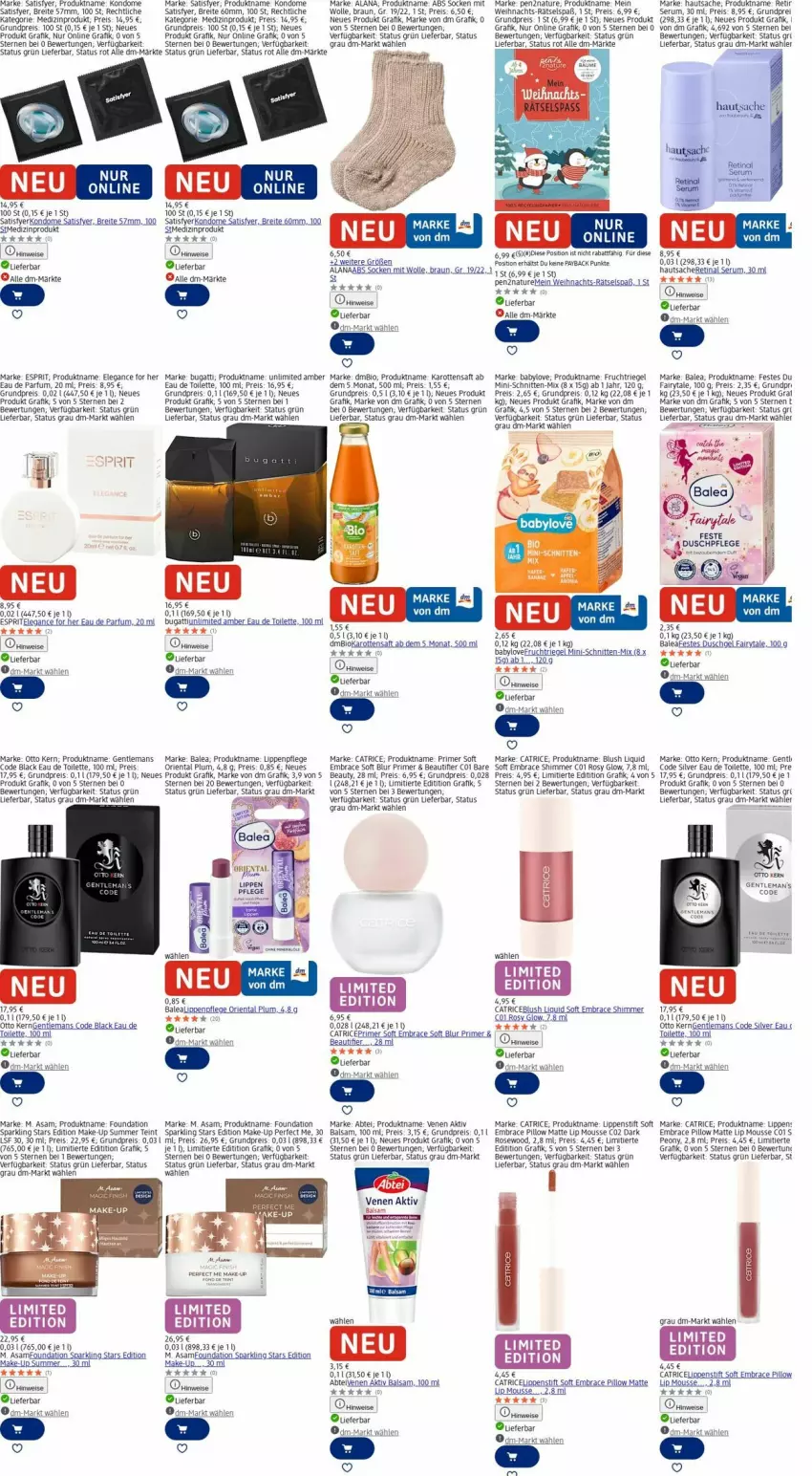 Aktueller Prospekt Dm Drogerie - Prospekte - von 08.12 bis 17.12.2025 - strona 24 - produkty: Abtei, Amber, Babylove, balsam, Bau, bio, braun, Brei, bugatti, cin, duschgel, Eau de parfum, eau de toilette, eier, eis, eistee, esprit, fairy, frucht, karotten, Kondome, lack, Lippenpflege, Lippenstift, Make-up, medizinprodukt, mousse, natur, Otto kern, parfum, payback, reis, rel, riegel, rum, sac, saft, schnitten, Serum, socken, sprite, tee, Ti, wolle