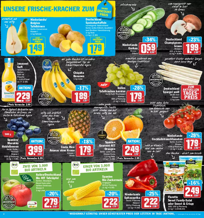 Aktueller Prospekt Hit - Prospekte - von 24.04 bis 29.04.2023 - strona 2 - produkty: ananas, auer, banane, bananen, beere, beeren, berliner, bio, bio hit, Birnen, braun, champignon, champignons, champignons braun, chiquita, cocktail, cocktails, deutscher spargel, discount, eis, elle, flasche, fleisch, florette, frucht, früchte, fruchtfleisch, grill, gurke, gurken, heidelbeere, heidelbeeren, ideal zum grillen, Innocent, joghur, joghurt, kartoffel, kartoffeln, kracher, krone, kuchen, kühlschrank, LG, mais, nudel, Nudelgericht, nuss, obst, orange, orangen, paprika, Pfannkuchen, Rauch, reis, saft, salat, salate, Schal, Schale, Schrank, snack, spargel, speisekartoffeln, Spitzpaprika, strauchtomaten, Sweet Family, tafeläpfel, tafelbirnen, tafeltrauben, Ti, tisch, tomate, tomaten, trauben, vita, Vitamin C, ZTE, zucker, zuckermais