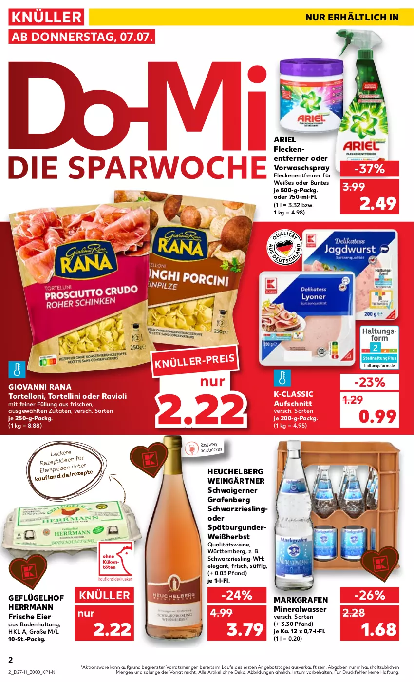 Aktueller Prospekt Kaufland - Spezielle Angebote - von 07.07 bis 13.07.2022 - strona 2 - produkty: Alwa, angebot, ariel, aufschnitt, burgunder, eier, eis, Fleckenentferner, Geflügel, giovanni rana, Heu, mineralwasser, qualitätswein, qualitätsweine, Rana, ravioli, rezept, rezepte, riesling, roséwein, rwe, schwarzriesling, spätburgunder, Ti, torte, tortellini, tortelloni, wasser, wein, weine, ZTE