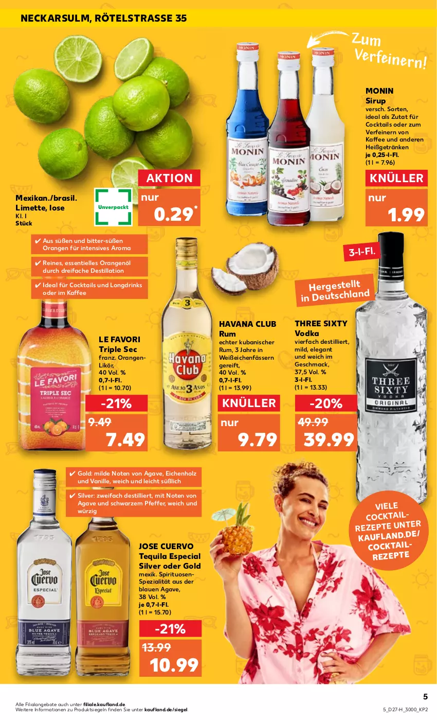 Aktueller Prospekt Kaufland - Spezielle Angebote - von 07.07 bis 13.07.2022 - strona 5 - produkty: angebot, angebote, cocktail, cocktails, drink, drinks, elle, getränk, getränke, Havana Club, Holz, kaffee, likör, limette, mac, Mett, monin, orange, orangen, pfeffer, rezept, rezepte, rum, sirup, Spezi, spirituosen, tequila, Three Sixty, Ti, vanille, vodka