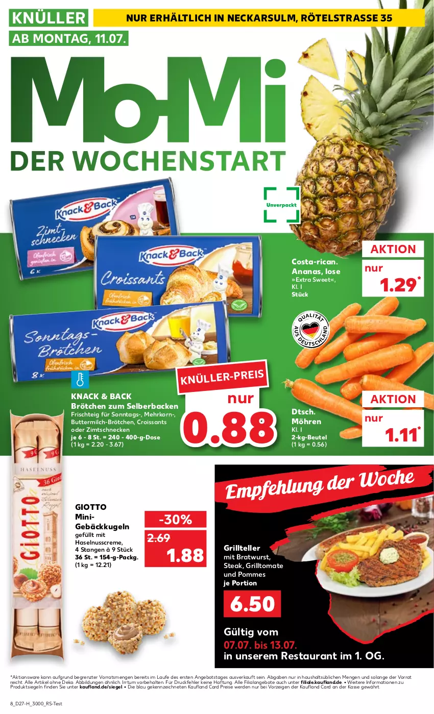 Aktueller Prospekt Kaufland - Spezielle Angebote - von 07.07 bis 13.07.2022 - strona 8 - produkty: ananas, angebot, angebote, beutel, bratwurst, brötchen, butter, buttermilch, creme, Croissant, croissants, eis, elle, erde, giotto, grill, Grillteller, haselnuss, Haselnusscreme, korn, Kugel, milch, möhren, nuss, pommes, reis, steak, teller, Ti, tomate, wurst, ZTE