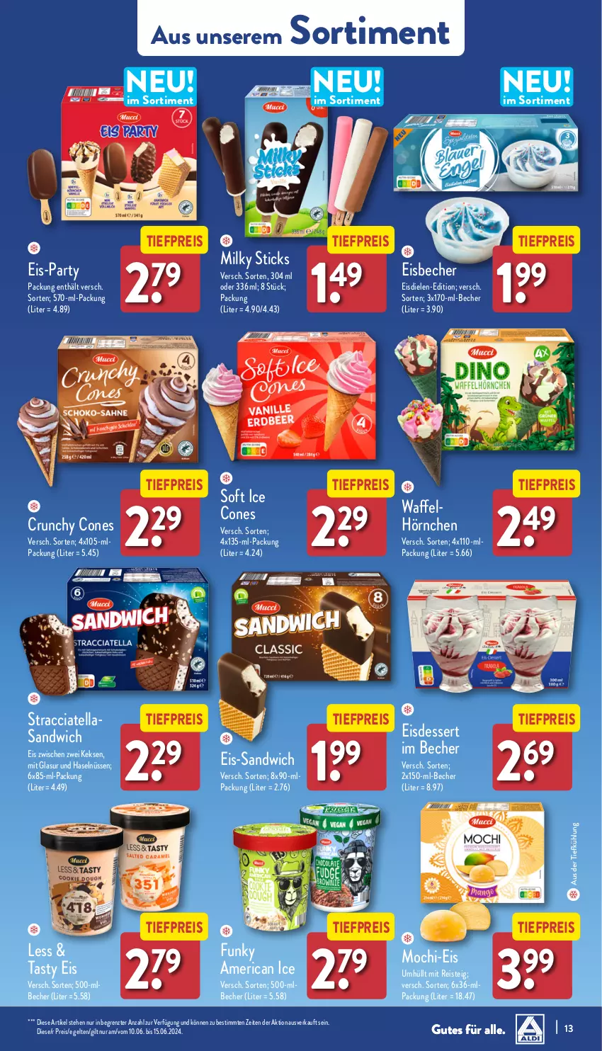 Aktueller Prospekt Aldi Nord - Von Montag - von 10.06 bis 15.06.2024 - strona 13 - produkty: ACC, aus der tiefkühlung, Becher, dessert, eis, eisbecher, hörnchen, keks, kekse, Mochi, reis, sandwich, Ti, tiefpreis, ZTE