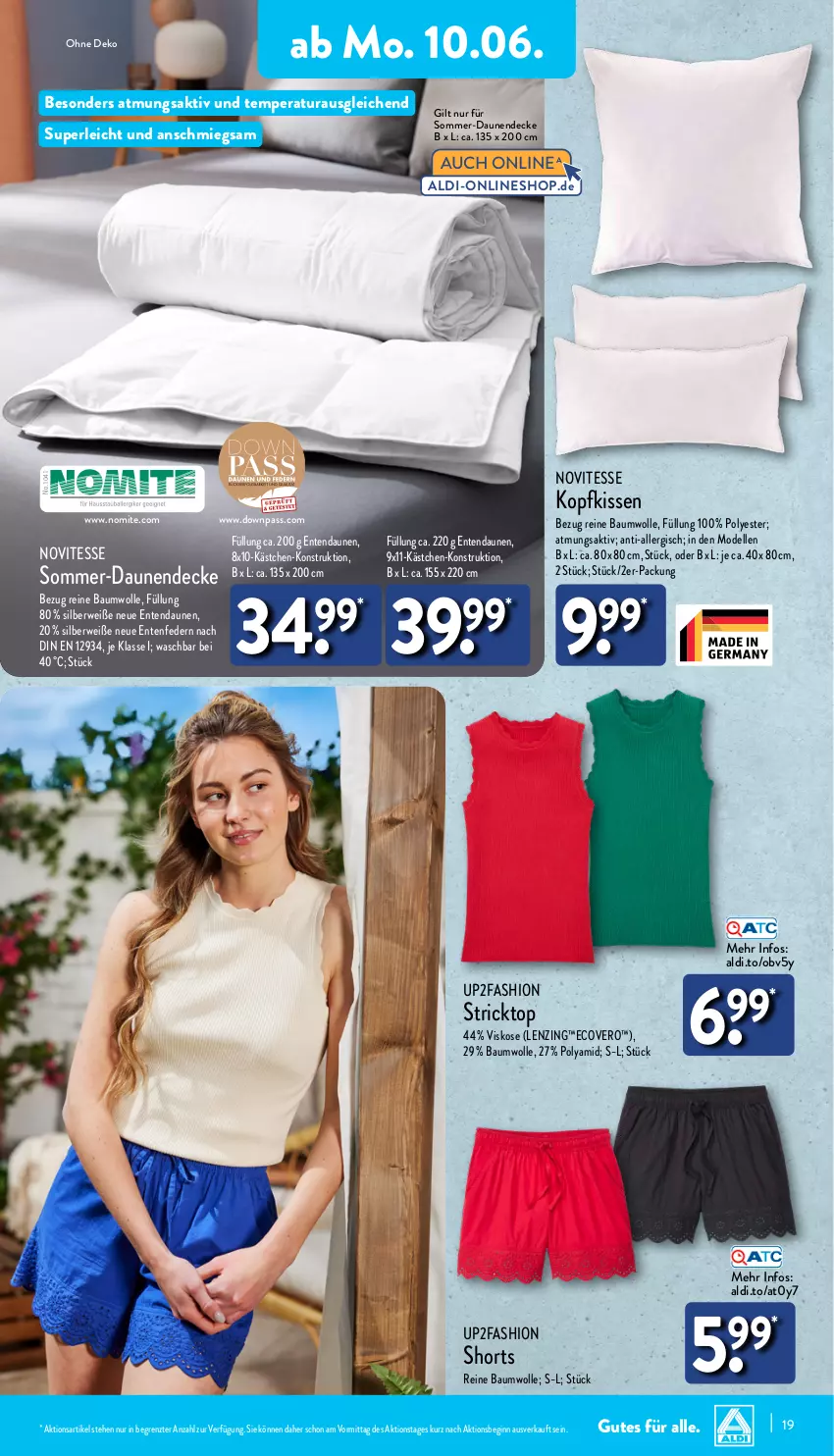 Aktueller Prospekt Aldi Nord - Von Montag - von 10.06 bis 15.06.2024 - strona 19 - produkty: aldi, Bau, baumwolle, decke, dell, ecovero, elle, ente, gin, kissen, kopfkissen, lenzing, Mode, reine baumwolle, rwe, shorts, Ti, up2fashion, wolle, ZTE