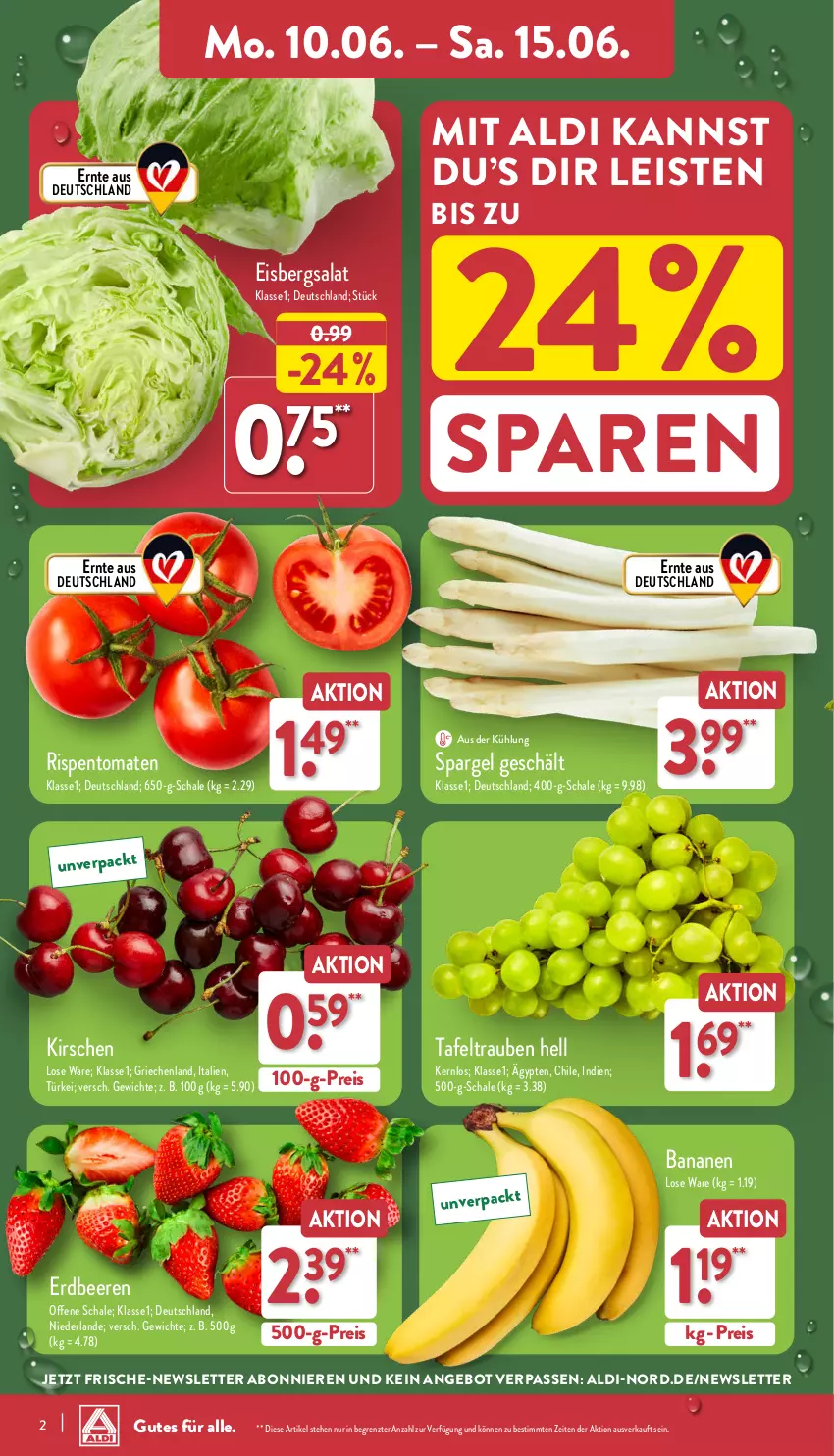 Aktueller Prospekt Aldi Nord - Von Montag - von 10.06 bis 15.06.2024 - strona 2 - produkty: aldi, angebot, banane, bananen, beere, beeren, eis, eisbergsalat, erdbeere, erdbeeren, kirsch, kirsche, kirschen, reis, rispentomaten, salat, Schal, Schale, spargel, tafeltrauben, Ti, tomate, tomaten, trauben, ZTE