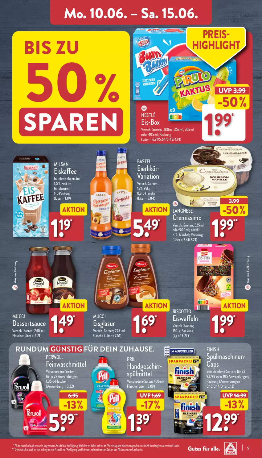 Aktueller Prospekt Aldi Nord - Von Montag - von 10.06 bis 15.06.2024 - strona 9 - produkty: alkohol, aus der tiefkühlung, biscotto, Cap, cremissimo, dessert, desserts, dessertsauce, eier, eierlikör, eis, eiskaffee, eiswaffeln, elle, feinwaschmittel, Finish, flasche, geschirr, getränk, gin, kaffee, langnese, langnese cremissimo, likör, milch, nestlé, perwoll, pril, reis, Ria, sauce, sim, spülmaschinen, spülmittel, teller, Ti, waffeln, waschmittel, ZTE