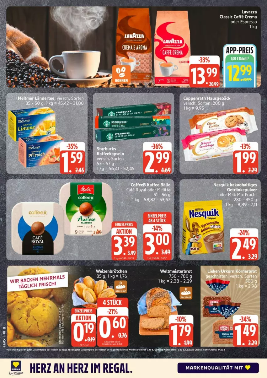 Aktueller Prospekt Edeka - Prospekte - von 30.03 bis 04.04.2026 - strona 21 - produkty: backwaren, brot, caffe, eis, espresso, kaffee, lavazza, limo, Meister, Meßmer, nesquik, oder espresso, regal, reis, tee, Ti, weltmeisterbrot, ZTE