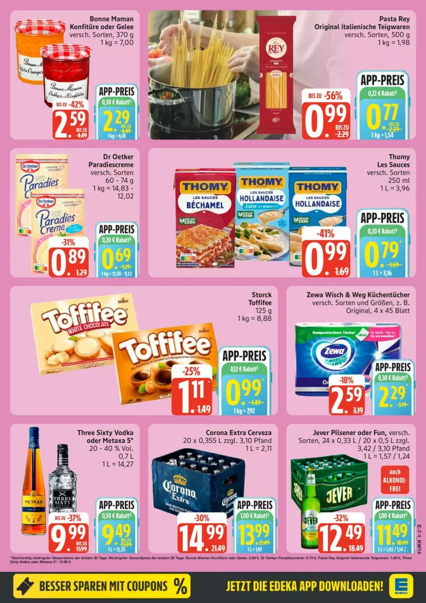 Aktueller Prospekt Edeka - Prospekte - von 30.03 bis 04.04.2026 - strona 7 - produkty: alkohol, bonne maman, corona, corona extra, creme, dr oetker, eis, gelee, gin, hollandaise, jever, jever pilsener, konfitüre, küche, Küchen, küchentücher, mam, Metaxa, pasta, pils, pilsener, reis, sauce, storck, teigwaren, thomy, Three Sixty, toffifee, tücher, vodka, zewa