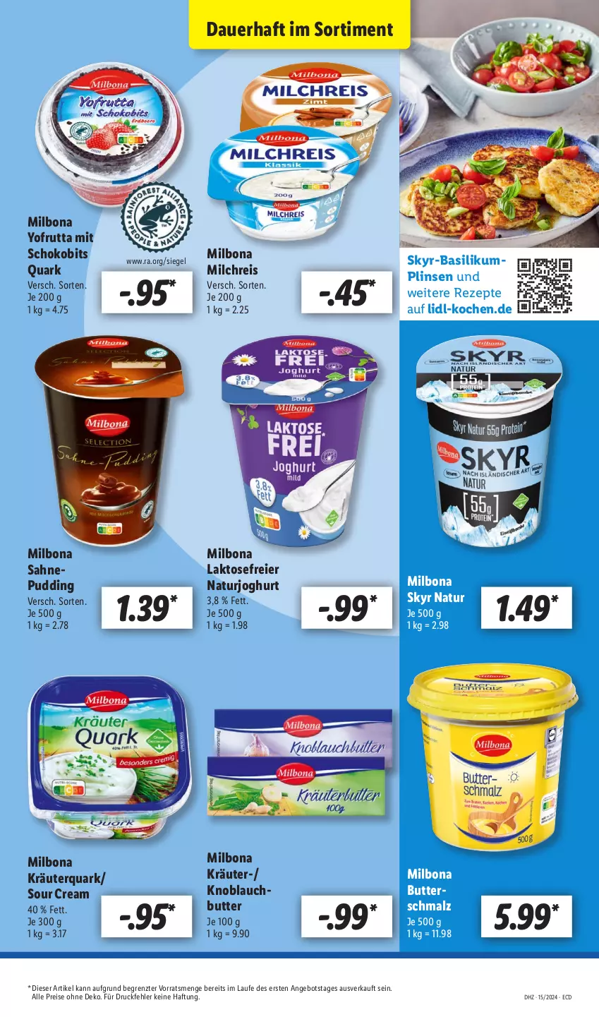 Aktueller Prospekt Lidl - Aktionsprospekt - von 08.04 bis 13.04.2024 - strona 13 - produkty: angebot, auer, basilikum, Bona, butter, Butterschmalz, eier, eis, joghur, joghurt, knoblauch, Knoblauchbutter, kräuter, linsen, malz, Milbona, milch, milchreis, natur, naturjoghurt, pudding, quark, reis, rezept, rezepte, sahne, Schmalz, schoko, Skyr, sour cream, Ti, Yo, ZTE