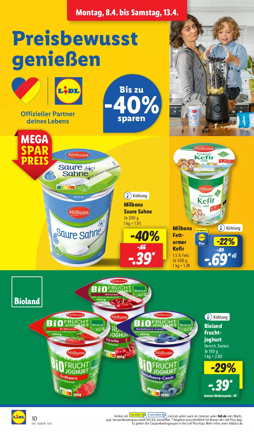 Aktueller Prospekt Lidl - Aktionsprospekt - von 08.04 bis 13.04.2024 - strona 14 - produkty: aktionspreis, angebot, bio, bioland, Bona, coupon, eis, frucht, joghur, joghurt, Kefir, Milbona, ndk, reis, sahne, Schal, Schale, Ti, ZTE