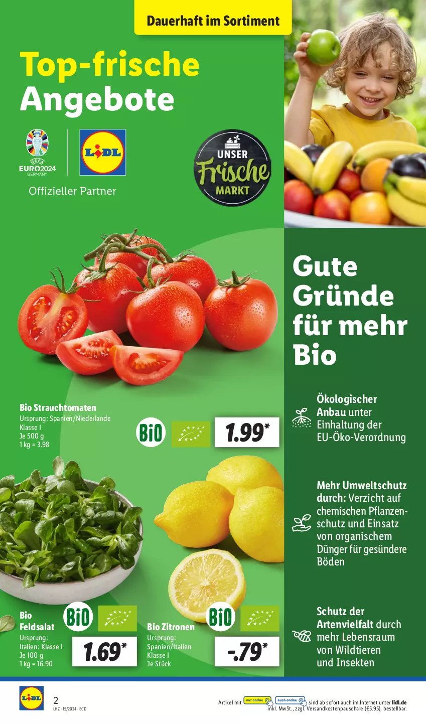 Aktueller Prospekt Lidl - Aktionsprospekt - von 08.04 bis 13.04.2024 - strona 2 - produkty: angebot, angebote, auer, Bau, bio, dünger, feldsalat, ndk, pflanze, pflanzen, Rauch, salat, Schal, Schale, sekt, strauchtomaten, Ti, Tiere, tomate, tomaten, Wild, zitrone, zitronen