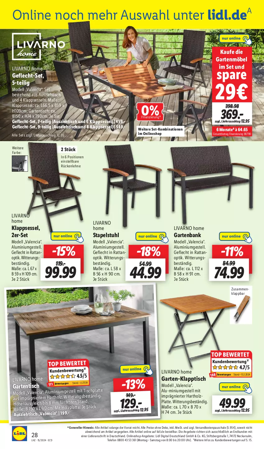 Aktueller Prospekt Lidl - Aktionsprospekt - von 08.04 bis 13.04.2024 - strona 38 - produkty: aluminiumgestell, angebot, angebote, Bank, dell, eis, elle, Garten, gartenbank, gartenmöbel, gartentisch, Holz, HP, klappsessel, klapptisch, latte, möbel, Mode, ndk, reis, rel, rückenlehne, Schal, Schale, sessel, stapelstuhl, stuhl, telefon, Ti, tisch, tischplatte, uhr