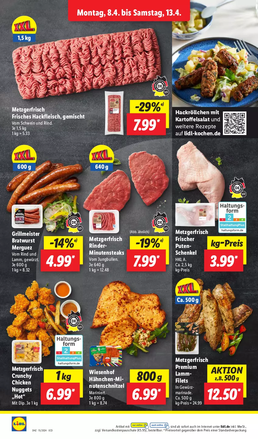 Aktueller Prospekt Lidl - Aktionsprospekt - von 08.04 bis 13.04.2024 - strona 4 - produkty: bratwurst, chicken nuggets, dip, eis, filet, filets, fleisch, gewürz, grill, hackfleisch, henkel, jungbullen, kartoffel, kartoffelsalat, lamm, Lammfilets, marinade, Meister, minutenschnitzel, minutensteaks, ndk, nuggets, preisvorteil, pute, reis, rezept, rezepte, rind, rinder, salat, Schal, Schale, schenkel, schnitzel, schwein, schwein und rind, steak, steaks, Ti, vom schwein und rind, wein, wiesenhof, wurst