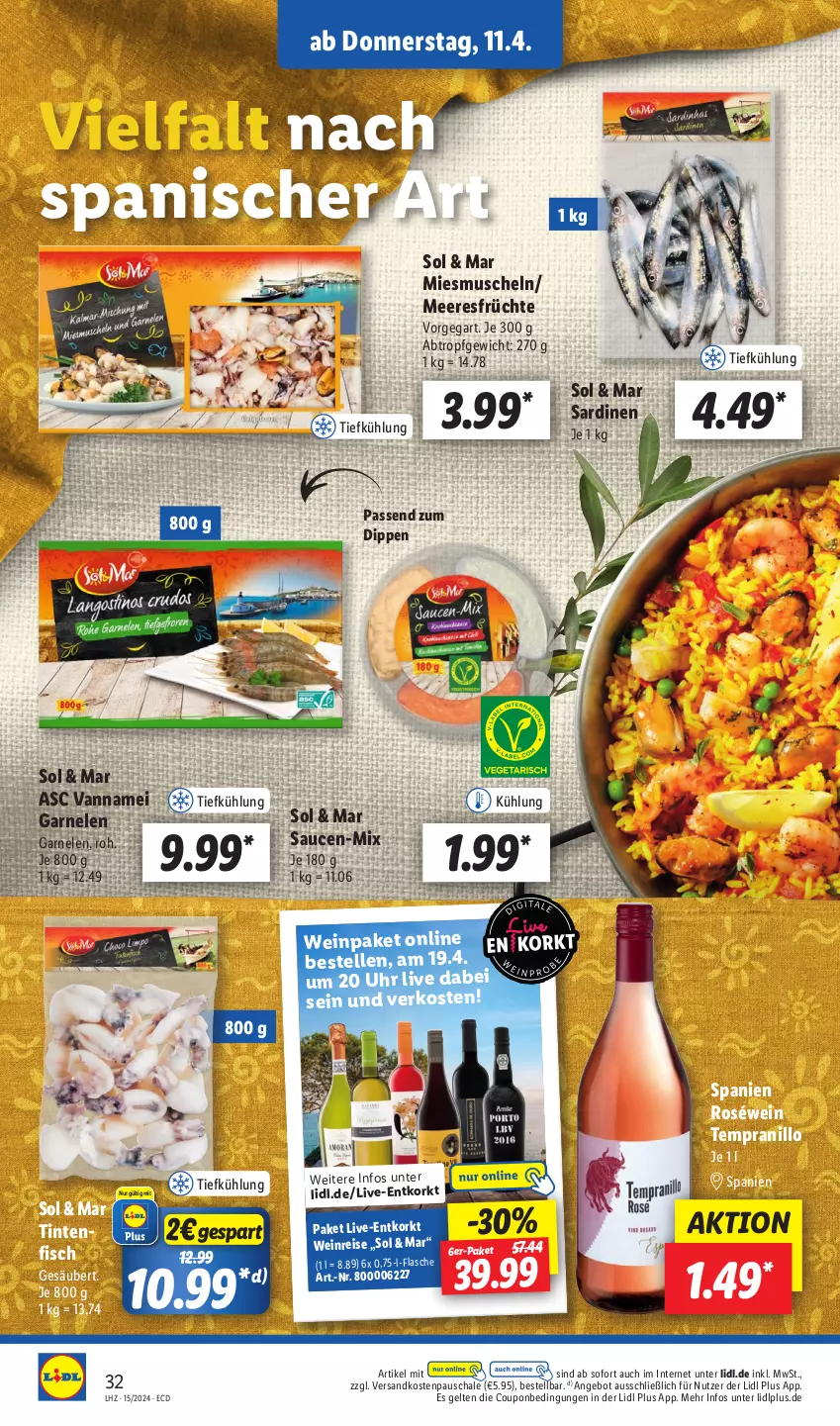 Aktueller Prospekt Lidl - Aktionsprospekt - von 08.04 bis 13.04.2024 - strona 42 - produkty: angebot, coupon, dip, eis, elle, fisch, flasche, früchte, garnelen, meeresfrüchte, Muscheln, ndk, reis, roséwein, Sardinen, sauce, saucen, Schal, Schale, tempranillo, Ti, uhr, wein