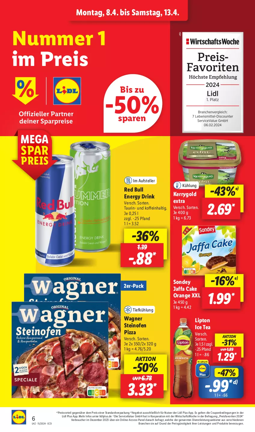 Aktueller Prospekt Lidl - Aktionsprospekt - von 08.04 bis 13.04.2024 - strona 8 - produkty: ACC, angebot, coupon, drink, eis, elle, energy drink, ice tea, kerrygold, kerrygold extra, lipton, lipton ice tea, Ofen, orange, pizza, preisvorteil, Rauch, red bull, reis, Sondey, steinofen, steinofen pizza, teller, Ti, wagner