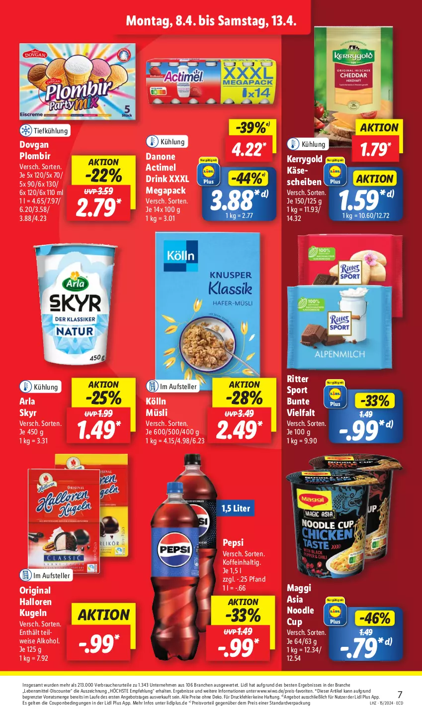 Aktueller Prospekt Lidl - Aktionsprospekt - von 08.04 bis 13.04.2024 - strona 9 - produkty: actimel, actimel drink, alkohol, angebot, arla, arla skyr, coupon, danone, danone actimel drink, discount, dovgan, drink, eis, elle, gin, Käse, kerrygold, kölln, Kugel, lebensmittel, maggi, müsli, pepsi, preisvorteil, Rauch, reis, ritter, ritter sport, Skyr, Sport, teller, Ti, ZTE