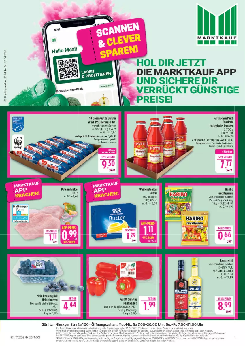 Aktueller Prospekt Marktkauf - Prospekt - von 19.04 bis 25.04.2026 - strona 1 - produkty: angebot, angebote, basilikum, beere, beeren, butter, deka, eis, filet, filets, flasche, frucht, fruchtgummi, haribo, hering, Herings, Mutti, paprika, paprika rot, payback, pute, putenschnitzel, rama, ramazzott, ramazzotti, reis, ring, sauce, schnitzel, Ti, tomate, tomaten, tomatensauce, uhr, weihenstephan, zott