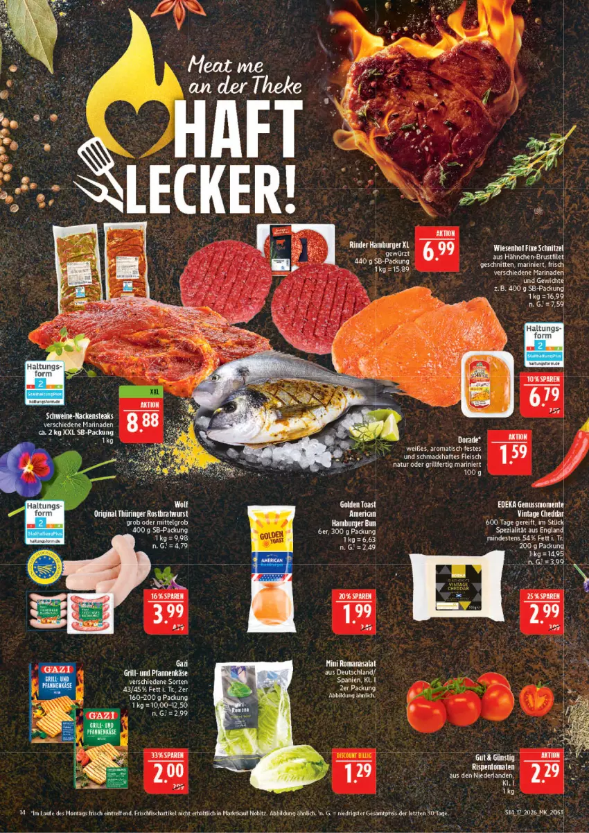 Aktueller Prospekt Marktkauf - Prospekt - von 19.04 bis 25.04.2026 - strona 14 - produkty: brustfilet, burger, discount, eis, ente, filet, fisch, fleisch, frischfisch, grill, hähnchen-brustfilet, hamburger, Käse, LG, mac, marinade, monte, pfanne, pfannen, pfannenkäse, reis, schnitten, schnitzel, Spezi, Ti, tisch, und pfanne, wiesenhof, ZTE