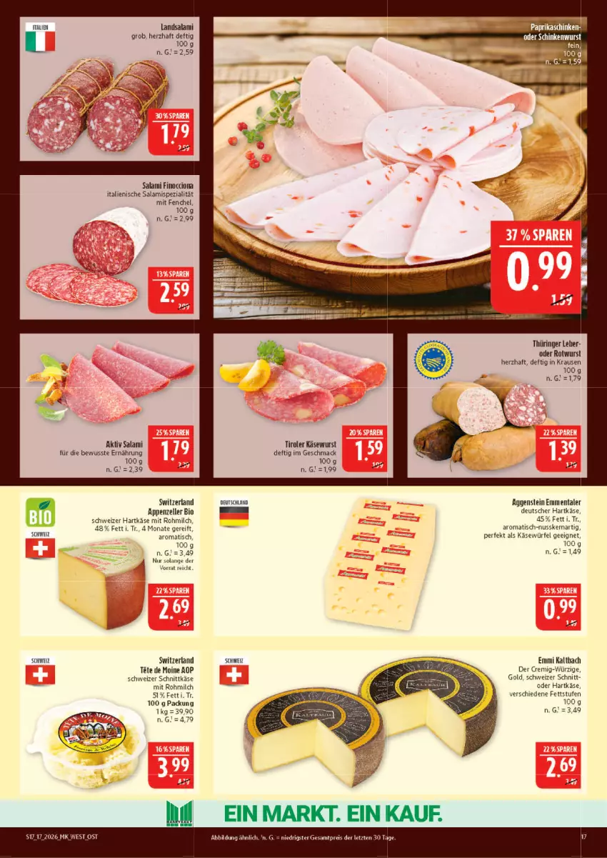 Aktueller Prospekt Marktkauf - Prospekt - von 19.04 bis 25.04.2026 - strona 17 - produkty: appenzeller, bio, eis, elle, emmentaler, emmi, fenchel, hartkäse, Käse, Käsewurst, mac, milch, nuss, reis, ring, Rotwurst, salami, schinken, schinkenwurst, schnittkäse, schweizer hartkäse, schweizer schnittkäse, Spezi, Ti, tisch, würfel, wurst, ZTE