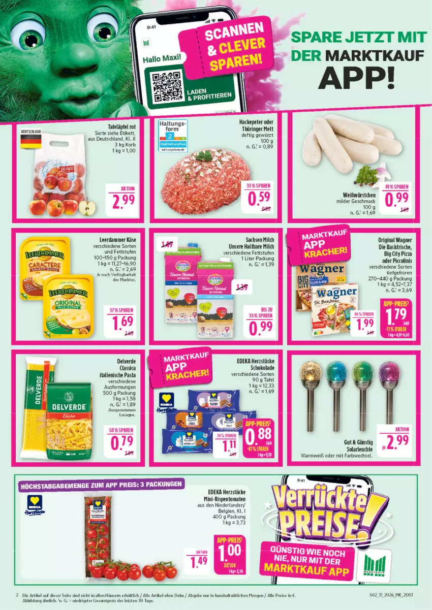 Aktueller Prospekt Marktkauf - Prospekt - von 19.04 bis 25.04.2026 - strona 2 - produkty: deka, eis, ente, erde, gewürz, gin, haltbare milch, italienische pasta, Käse, korb, lasagne, leerdammer, Leuchte, LG, mac, milch, mini-rispentomaten, oder piccolinis, original wagner, pasta, piccolinis, pizza, reis, ring, rispentomaten, sac, schoko, schokolade, solarleuchte, Ti, Tiere, tomate, tomaten, wagner, würstchen, ZTE