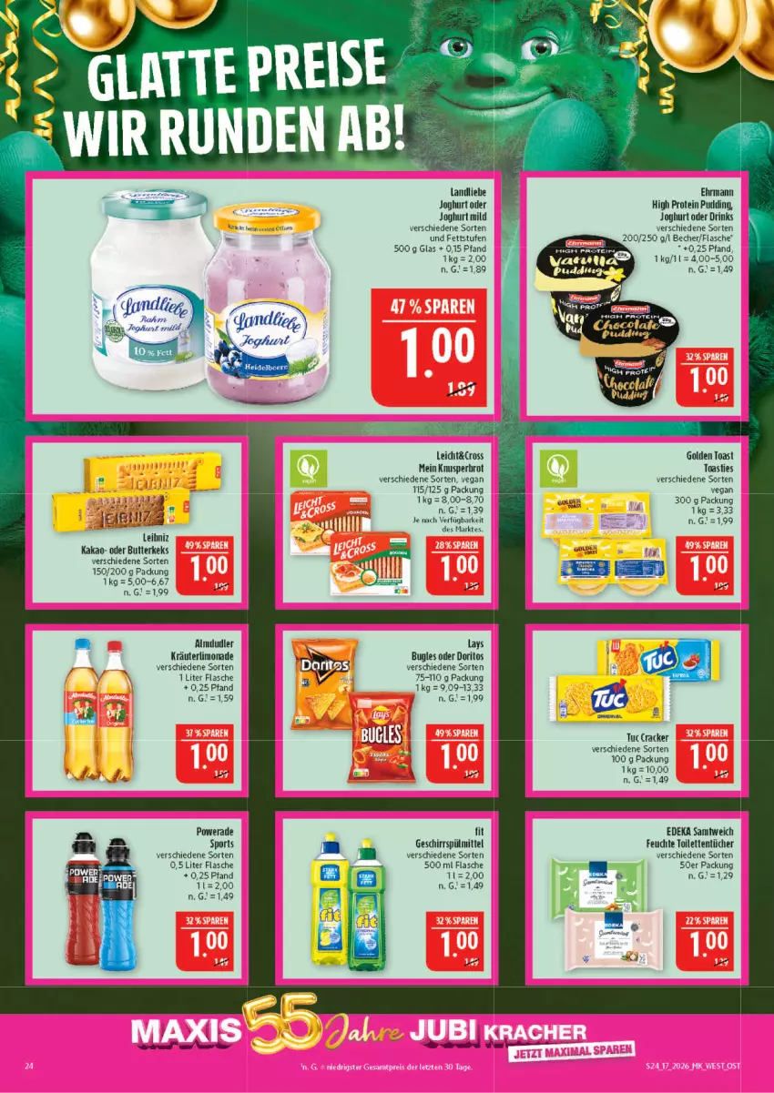 Aktueller Prospekt Marktkauf - Prospekt - von 19.04 bis 25.04.2026 - strona 24 - produkty: almdudler, asti, Becher, brot, bugles, butter, butterkeks, cracker, deka, Doritos, drink, drinks, ehrmann, flasche, geschirr, geschirrspülmittel, golden toast, joghur, joghurt, joghurt mild, kakao, keks, kräuter, landliebe, landliebe joghurt, lays, leibniz, limo, limonade, pudding, Sport, spülmittel, Ti, toast, toilettentücher, tuc, tücher
