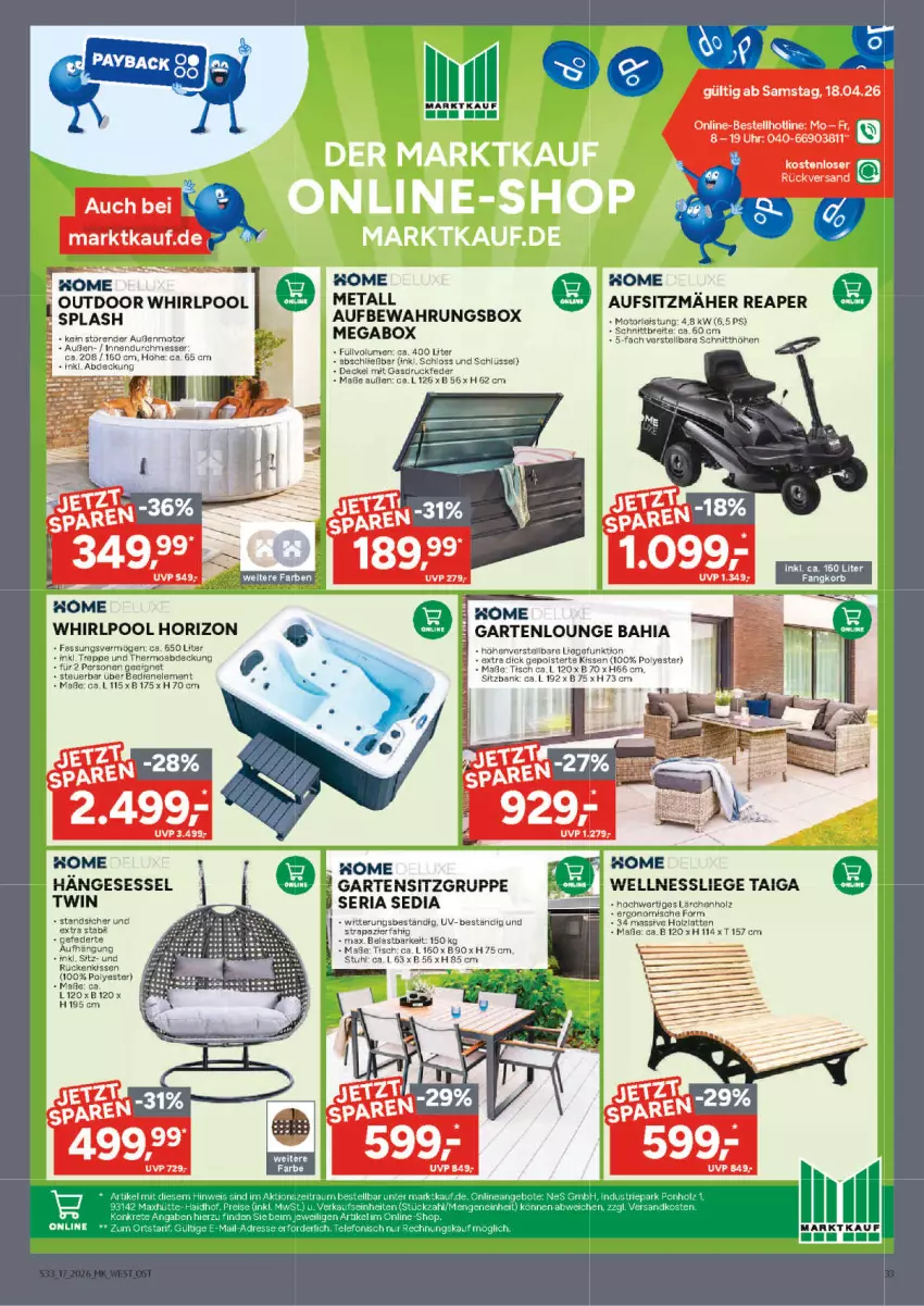 Aktueller Prospekt Marktkauf - Prospekt - von 19.04 bis 25.04.2026 - strona 33 - produkty: angebot, angebote, aufbewahrungsbox, Bank, bio, Brei, decke, Deckel, eis, Garten, Gartenlounge, gefu, hängesessel, Holz, kissen, latte, Liege, messer, ndk, pool, Ria, Rückenkissen, sessel, sitzbank, stuhl, tee, Ti, tisch, uhr, Whirlpool